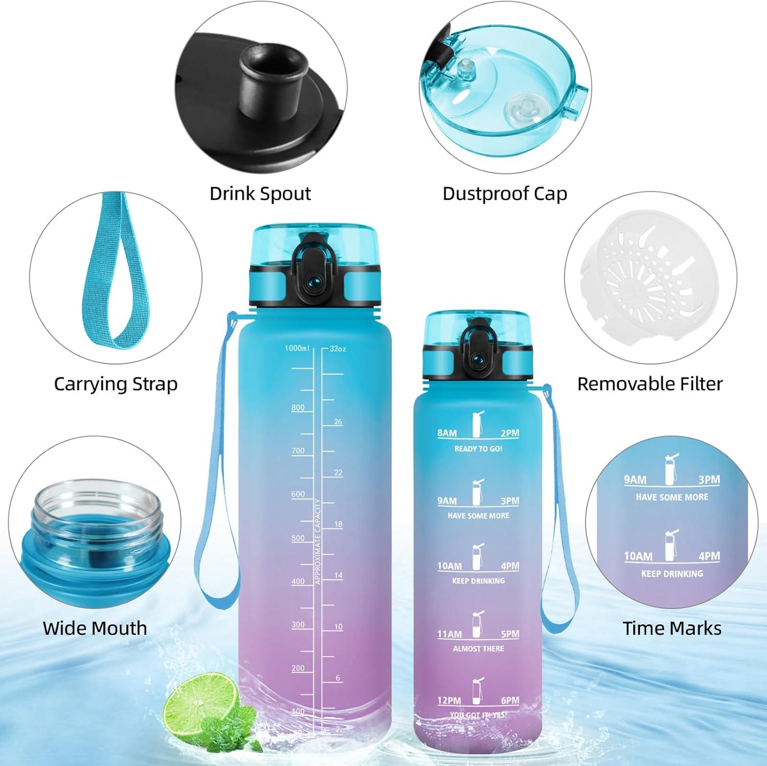 image:imageHoneyHolly Gourde 50010001500ml Gourde Sport Gourde Filtre et Marqueur de Temps Gourde deau Sans BPA Bouteille deau pour Sport Fitness Yoga Lcole BureauBleu Violet1l