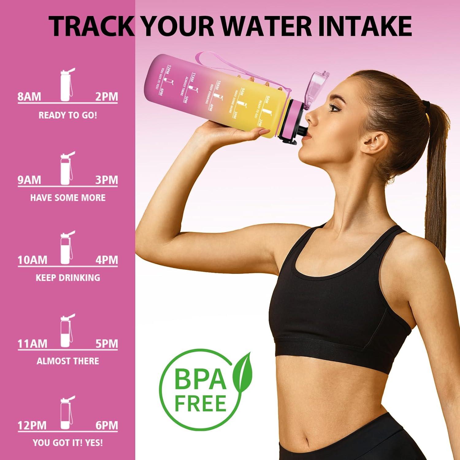 image:imageHoneyHolly Gourde 50010001500ml Gourde Sport Gourde Filtre et Marqueur de Temps Gourde deau Sans BPA Bouteille deau pour Sport Fitness Yoga Lcole BureauJaune Rose1l