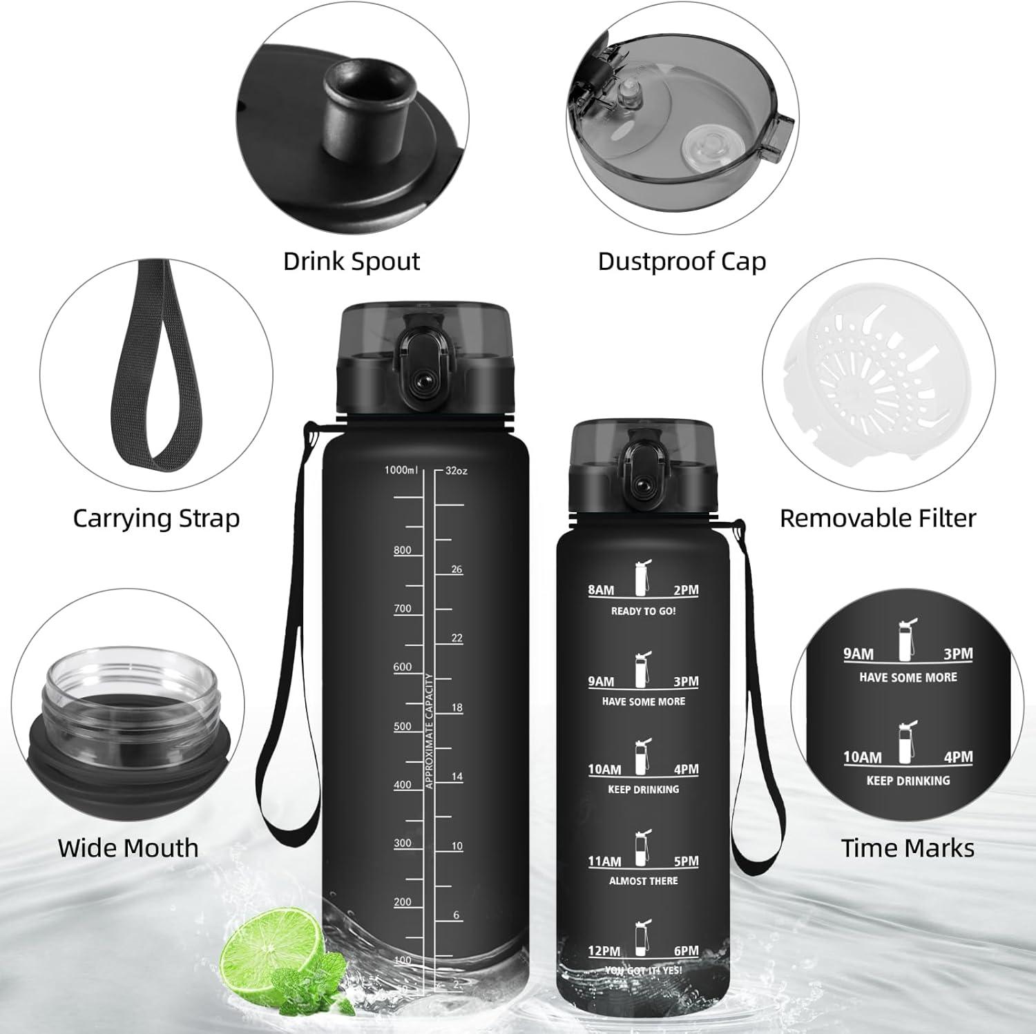 image:imageHoneyHolly Gourde 50010001500ml Gourde Sport Gourde Filtre et Marqueur de Temps Gourde deau Sans BPA Bouteille deau pour Sport Fitness Yoga Lcole BureauNoir1l