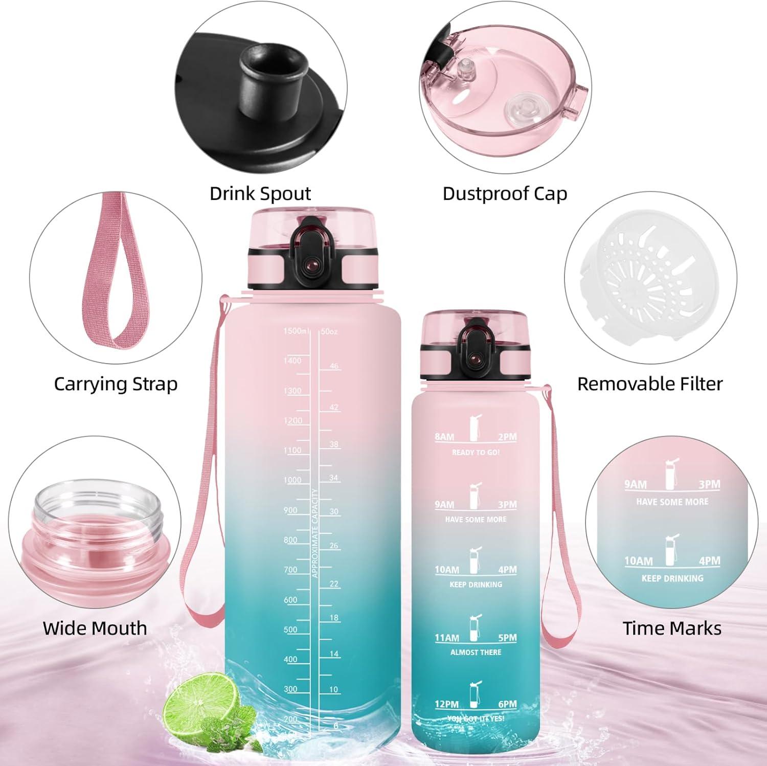 image:imageHoneyHolly Gourde 50010001500ml Gourde Sport Gourde Filtre et Marqueur de Temps Gourde deau Sans BPA Bouteille deau pour Sport Fitness Yoga Lcole BureauRose Tamarin15l