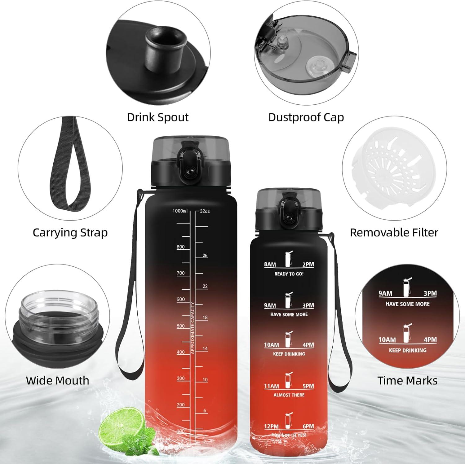 image:imageHoneyHolly Gourde 50010001500ml Gourde Sport Gourde Filtre et Marqueur de Temps Gourde deau Sans BPA Bouteille deau pour Sport Fitness Yoga Lcole BureauNoir Rouge1l