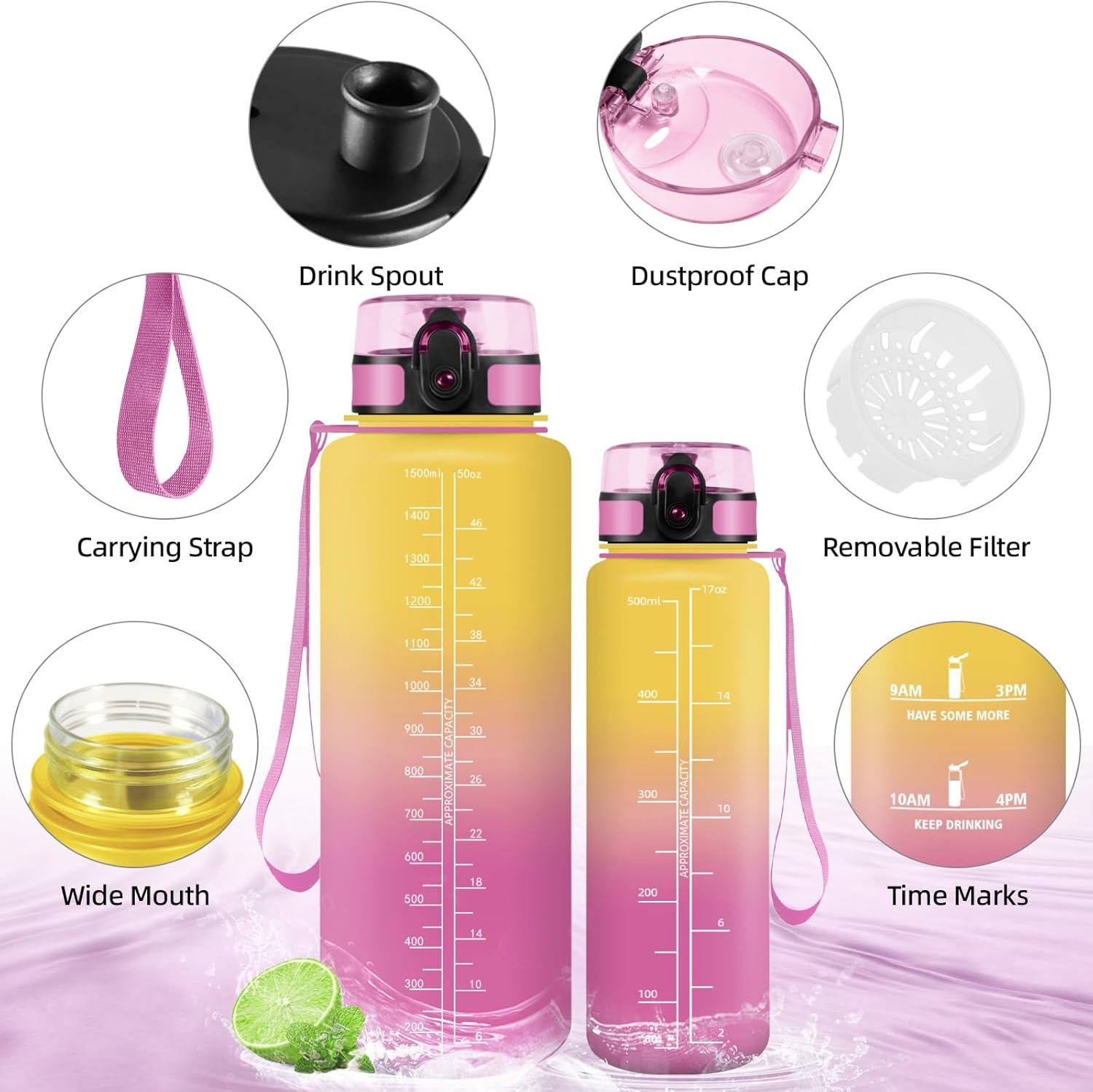 image:imageHoneyHolly Gourde 50010001500ml Gourde Sport Gourde Filtre et Marqueur de Temps Gourde deau Sans BPA Bouteille deau pour Sport Fitness Yoga Lcole BureauJaune Rose15l