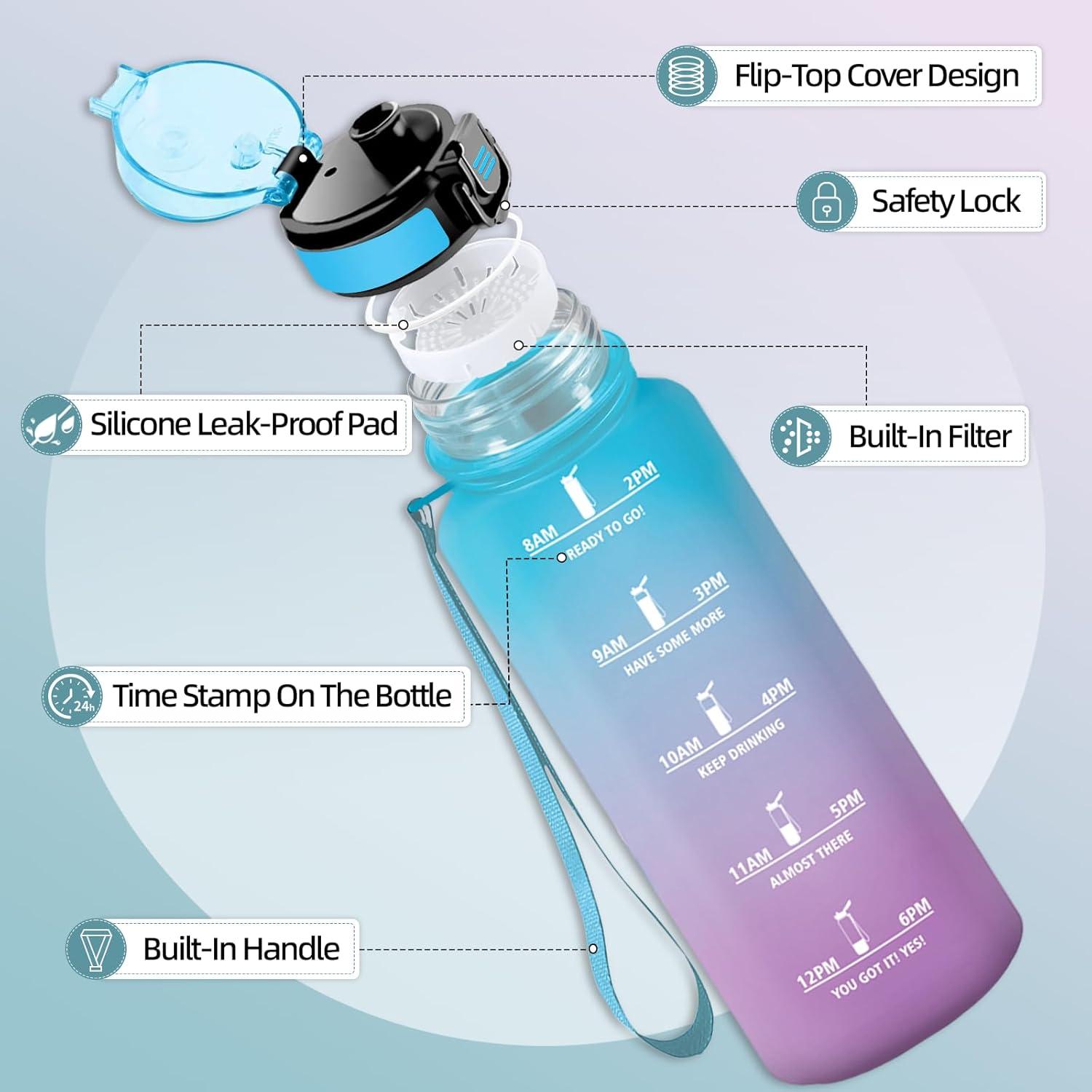 image:imageHoneyHolly Gourde Motivant et tanche Gourde 15L Rutilisable Bouteille Deau Marqueur Horaire Water Bottle pour La Salle de Sport Le Travail Le Camping La RandonneBleu Violet 1500ml