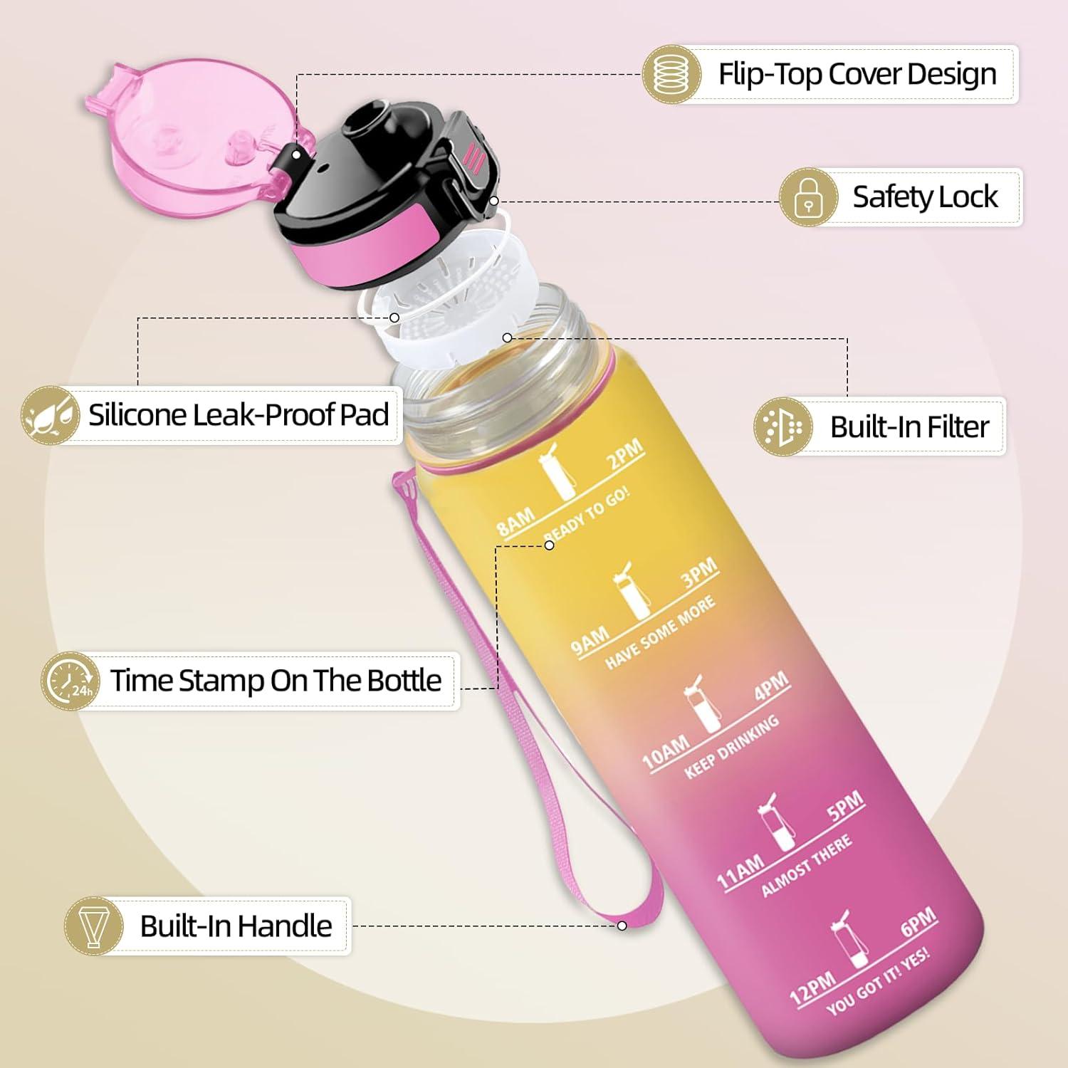 image:imageHoneyHolly Gourde Motivant et tanche Gourde 15L Rutilisable Bouteille Deau Marqueur Horaire Water Bottle pour La Salle de Sport Le Travail Le Camping La RandonneJaune Rose 1000ml