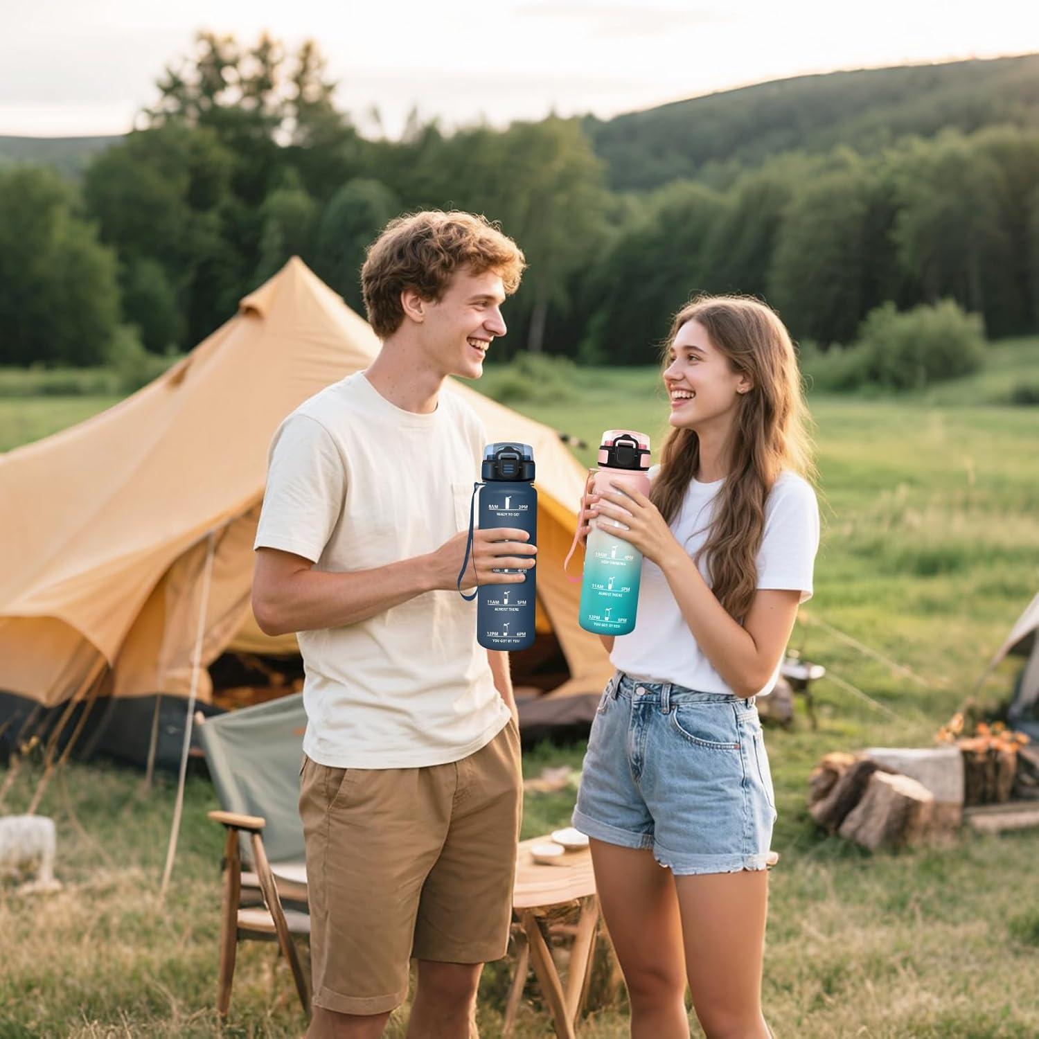 image:imageHoneyHolly Gourde Motivant et tanche Gourde 15L Rutilisable Bouteille Deau Marqueur Horaire Water Bottle pour La Salle de Sport Le Travail Le Camping La RandonneRose Cyan 1000ml