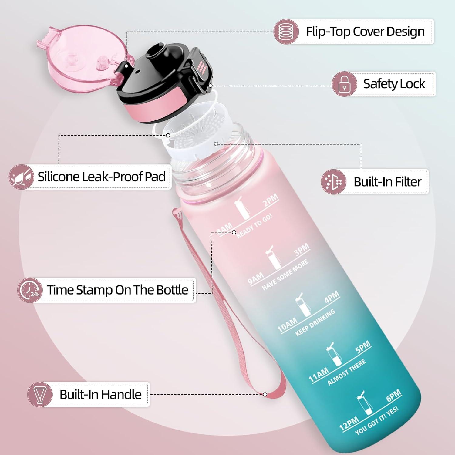 image:imageHoneyHolly Gourde Motivant et tanche Gourde 15L Rutilisable Bouteille Deau Marqueur Horaire Water Bottle pour La Salle de Sport Le Travail Le Camping La RandonneRose Cyan 500ml