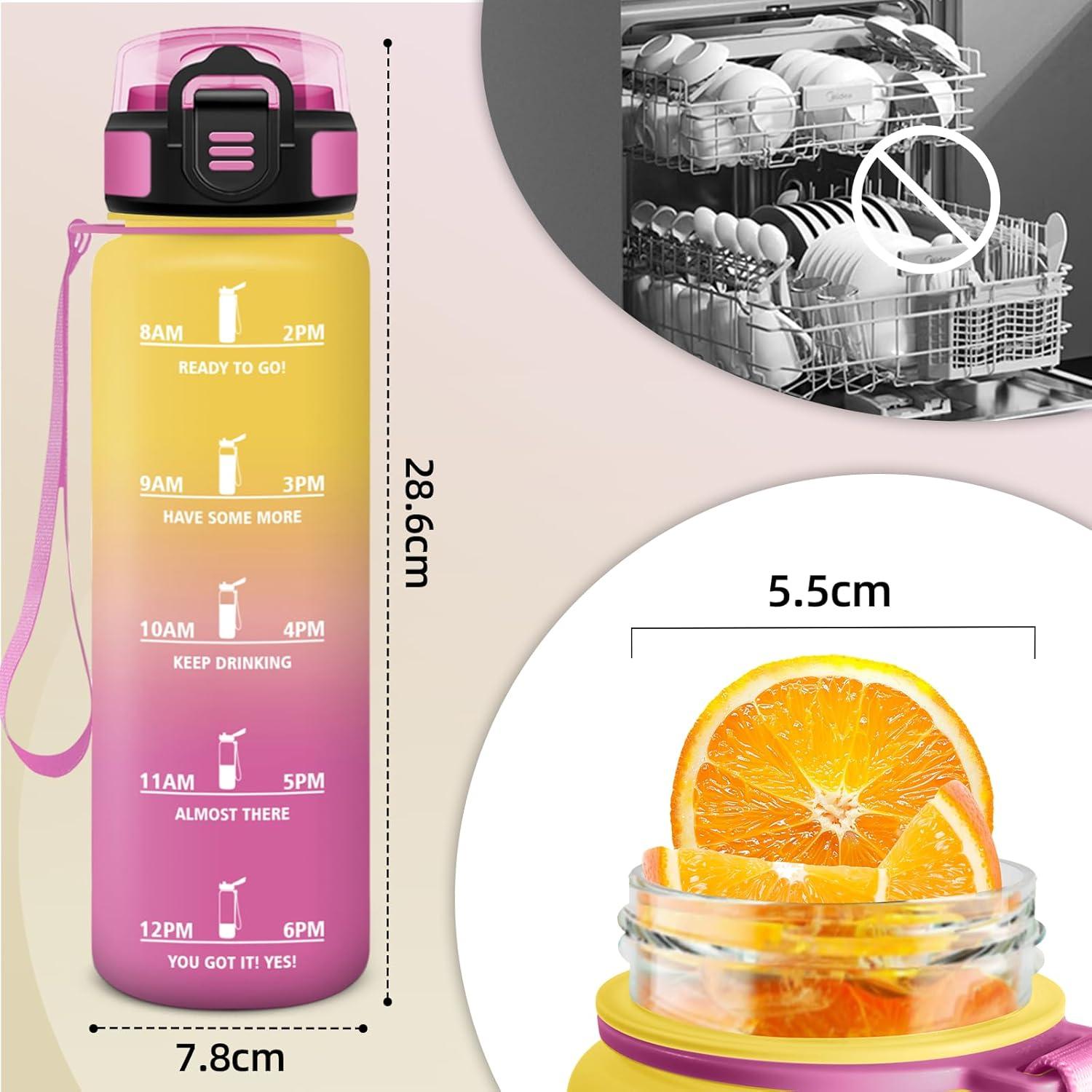 image:imageHoneyHolly Gourde Motivant et tanche Gourde 15L Rutilisable Bouteille Deau Marqueur Horaire Water Bottle pour La Salle de Sport Le Travail Le Camping La RandonneJaune Rose 1000ml