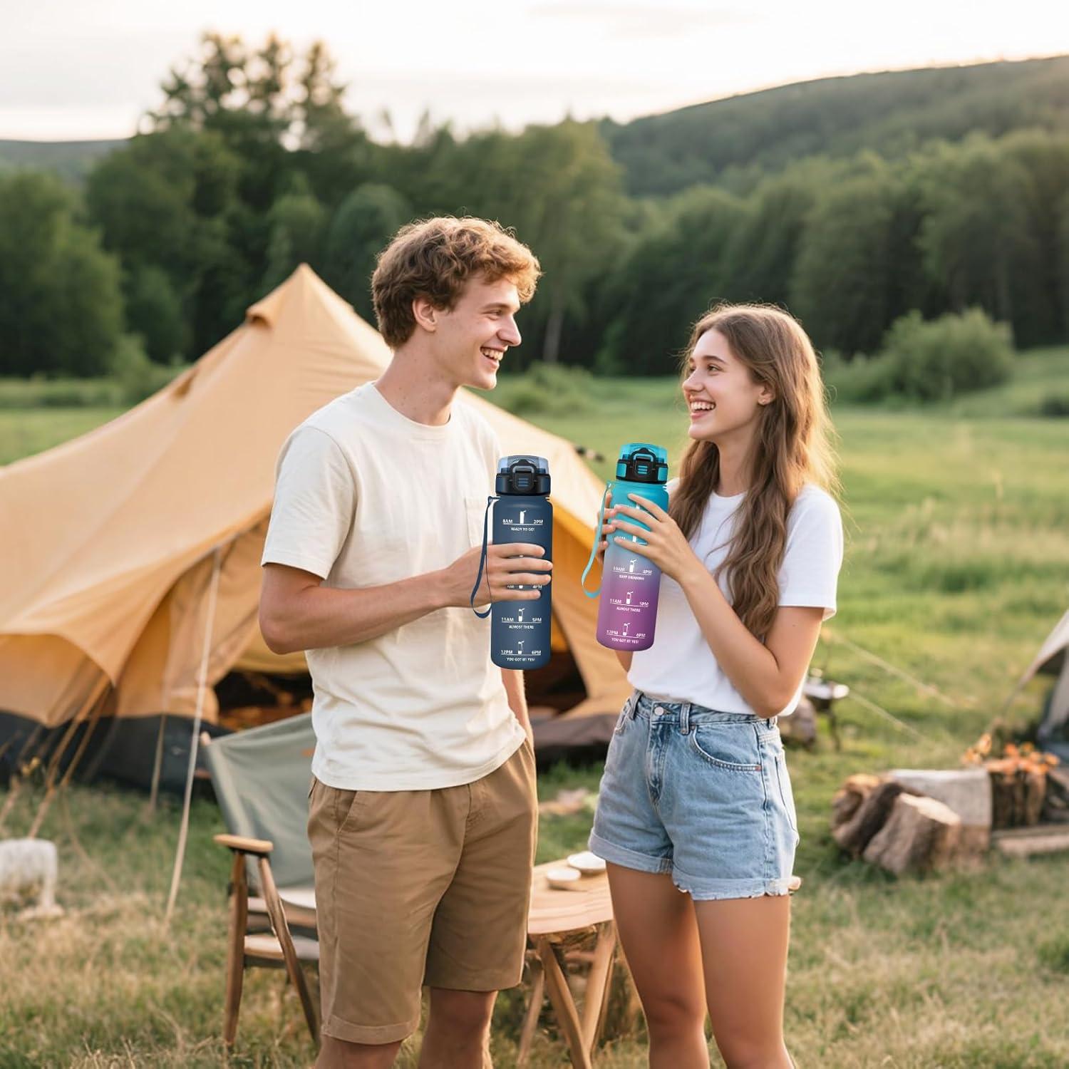 image:imageHoneyHolly Gourde Motivant et tanche Gourde 15L Rutilisable Bouteille Deau Marqueur Horaire Water Bottle pour La Salle de Sport Le Travail Le Camping La RandonneBleu Violet 1000ml