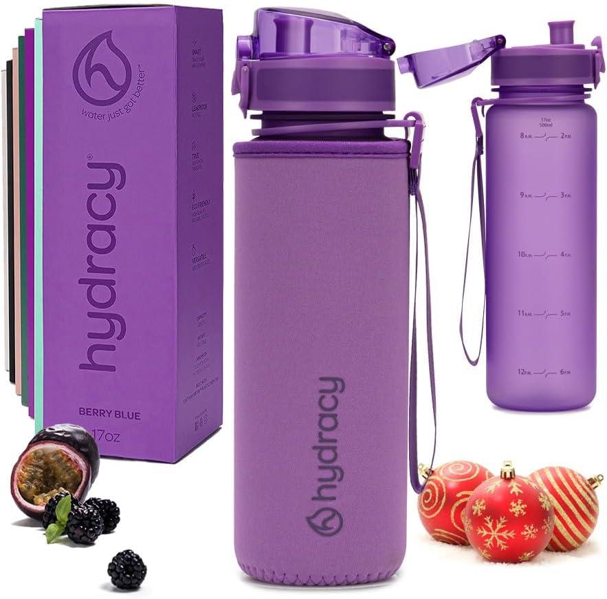 image:imageHydracy Gourde dEau 1L sans BPA Bouteille avec Marqueur de Temps Infuseur et Verrouillage Scuris Housse en Noprne tanche AntiFuite Rutilisable Lgre Idal pour Sport cole TravailBerry Blue