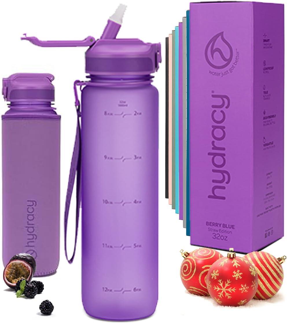 image:imageHydracy Gourde dEau 1L sans BPA Bouteille avec Marqueur de Temps Infuseur et Verrouillage Scuris Housse en Noprne tanche AntiFuite Rutilisable Lgre Idal pour Sport cole TravailBerry Blue