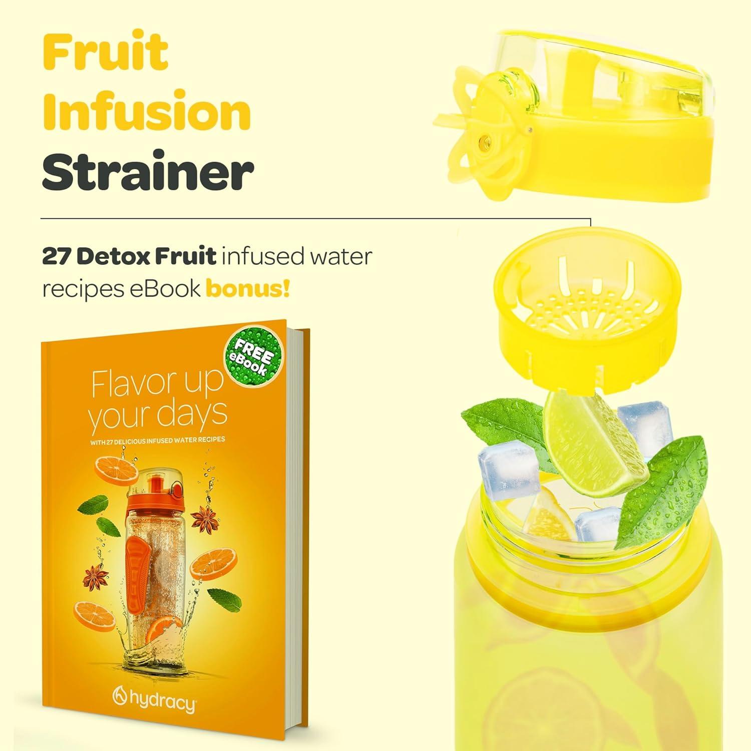 image:imageHydracy Gourde dEau 1L sans BPA Bouteille avec Marqueur de Temps Infuseur et Verrouillage Scuris Housse en Noprne tanche AntiFuite Rutilisable Lgre Idal pour Sport cole TravailSunny Yellow