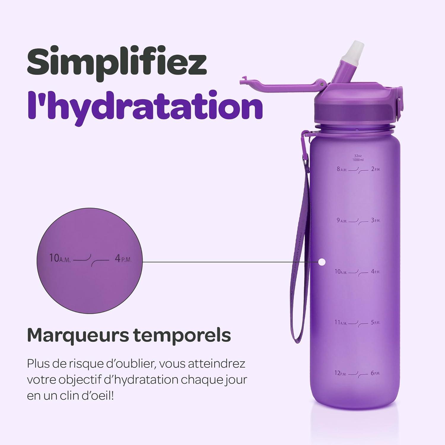 image:imageHydracy Gourde dEau 1L sans BPA Bouteille avec Marqueur de Temps Infuseur et Verrouillage Scuris Housse en Noprne tanche AntiFuite Rutilisable Lgre Idal pour Sport cole TravailBerry Blue