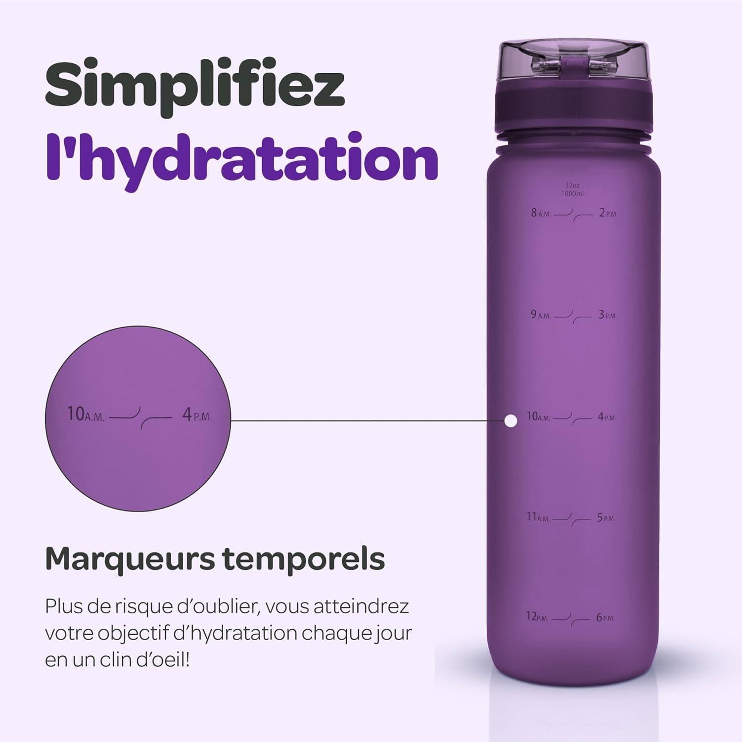 image:imageHydracy Gourde dEau 1L sans BPA Bouteille avec Marqueur de Temps Infuseur et Verrouillage Scuris Housse en Noprne tanche AntiFuite Rutilisable Lgre Idal pour Sport cole TravailBerry Blue