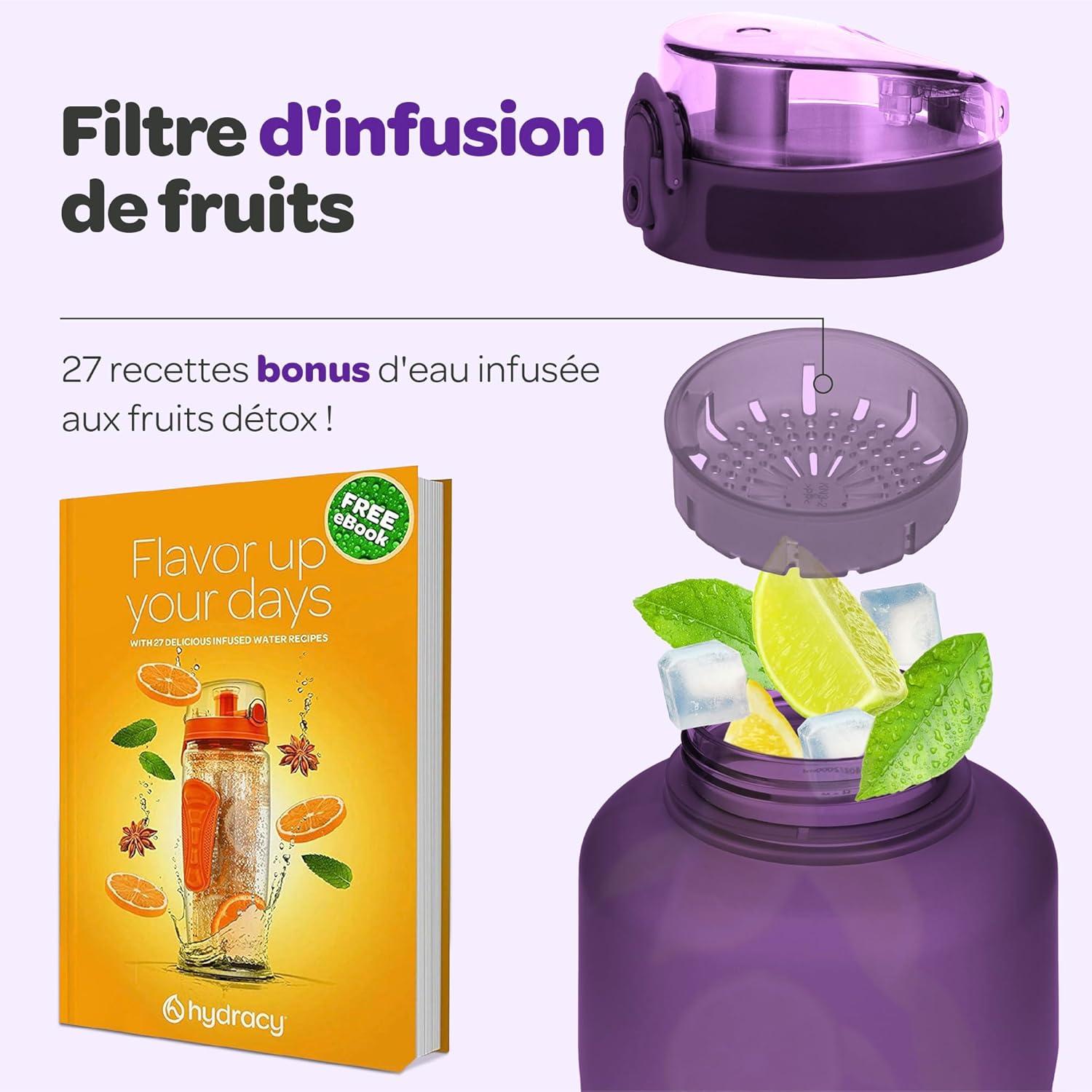 image:imageHydracy Gourde dEau 1L sans BPA Bouteille avec Marqueur de Temps Infuseur et Verrouillage Scuris Housse en Noprne tanche AntiFuite Rutilisable Lgre Idal pour Sport cole TravailBerry Blue