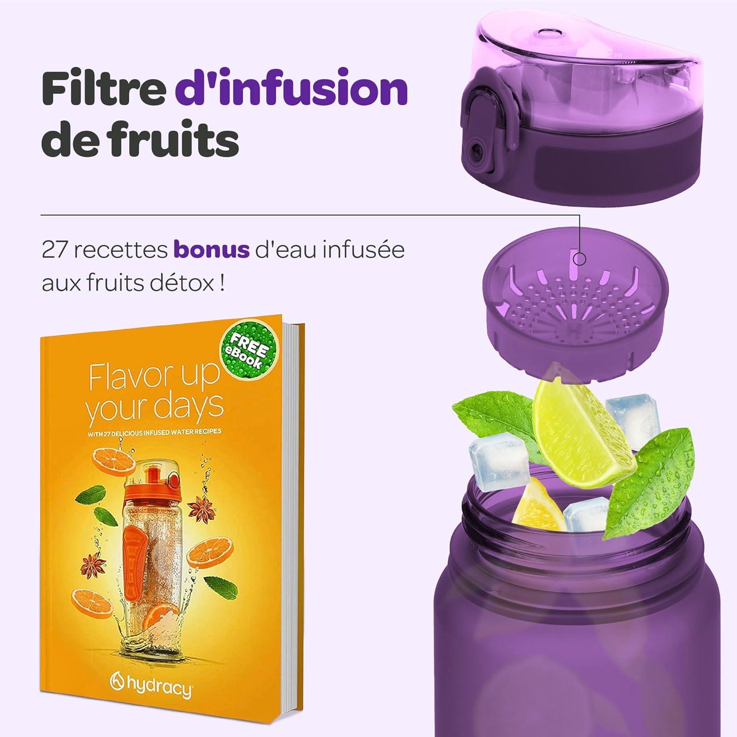 image:imageHydracy Gourde dEau 1L sans BPA Bouteille avec Marqueur de Temps Infuseur et Verrouillage Scuris Housse en Noprne tanche AntiFuite Rutilisable Lgre Idal pour Sport cole TravailBerry Blue