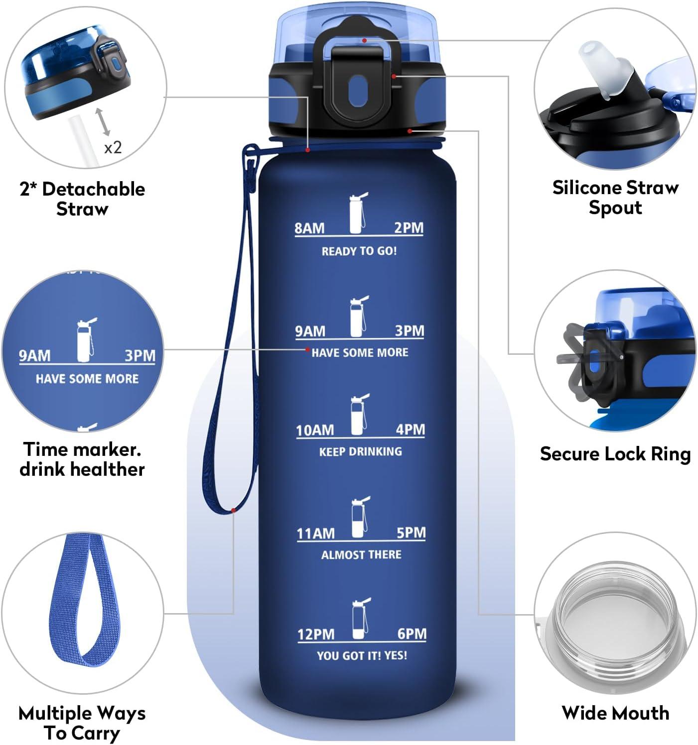 image:imageKollyKolla Gourde 500ml Bouteille deau Enfant Gourde Paille tanche ampamp Rutilisable Sport avec Marqueur de Temps Motivation pour Enfant Cyclisme Bureau Camping lcole32oz1000ml Paille Mat Marine Bleu