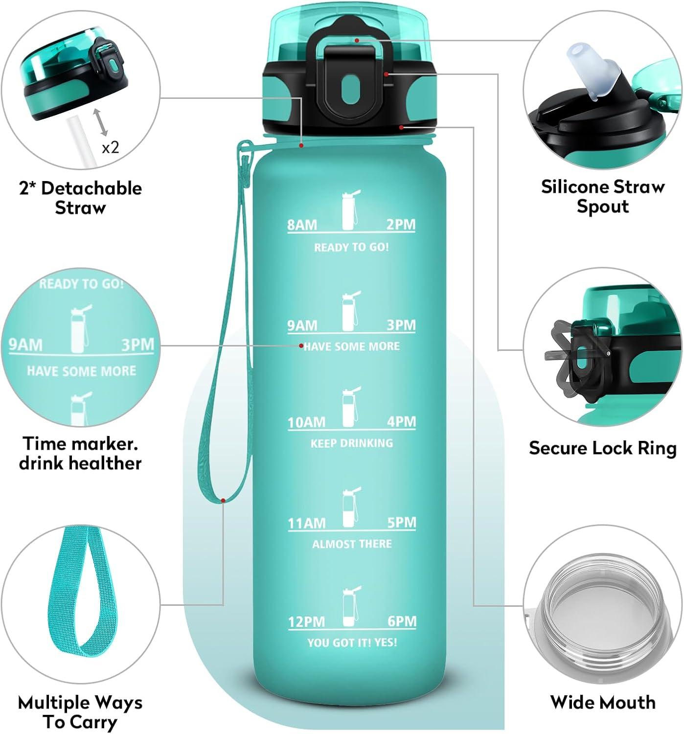 image:imageKollyKolla Gourde 500ml Bouteille deau Enfant Gourde Paille tanche ampamp Rutilisable Sport avec Marqueur de Temps Motivation pour Enfant Cyclisme Bureau Camping lcole32oz1000ml Paille Mat Bleuvert