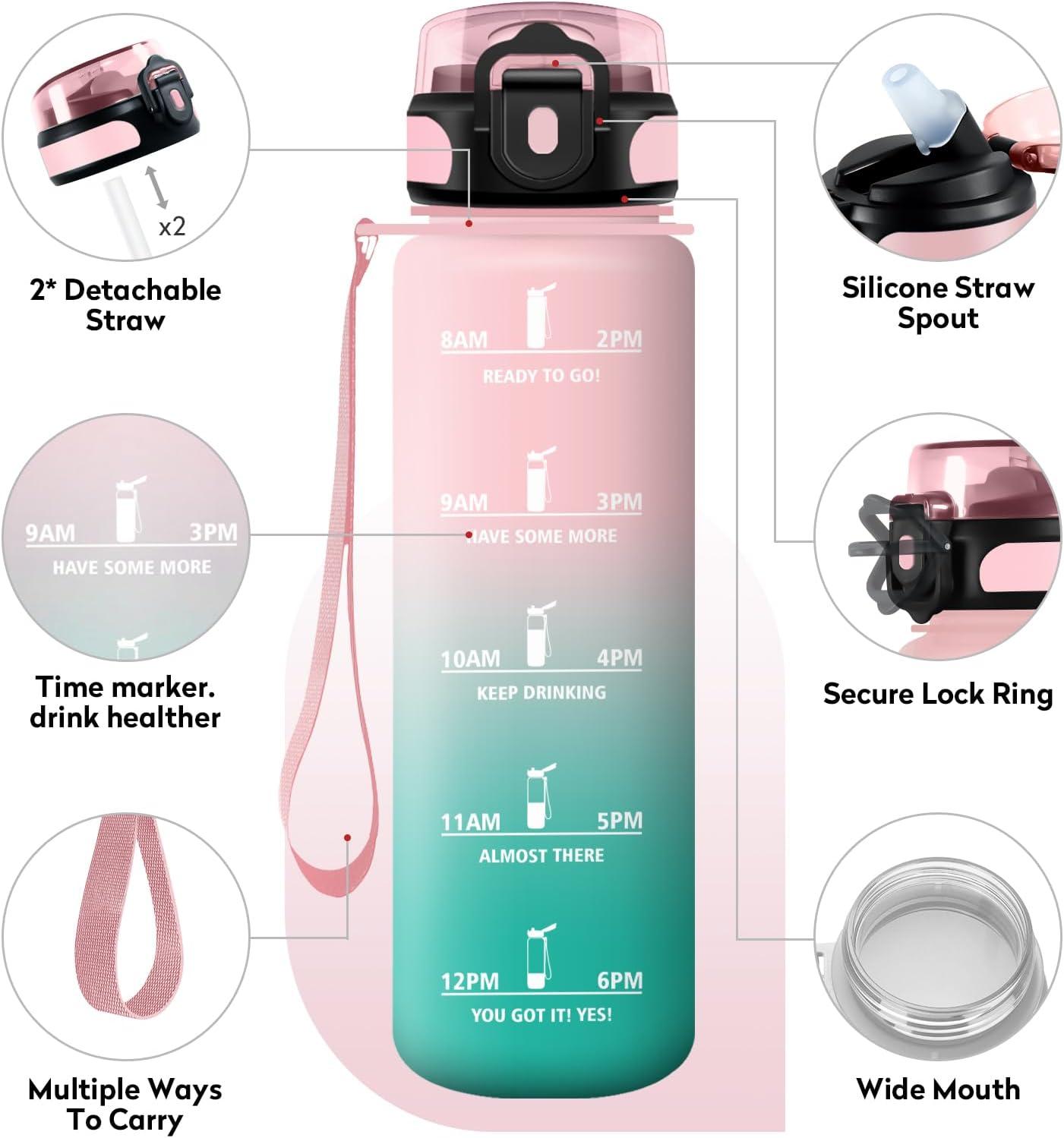 image:imageKollyKolla Gourde 500ml Bouteille deau Enfant Gourde Paille tanche ampamp Rutilisable Sport avec Marqueur de Temps Motivation pour Enfant Cyclisme Bureau Camping lcole32oz1000ml Paille Rose Cyan