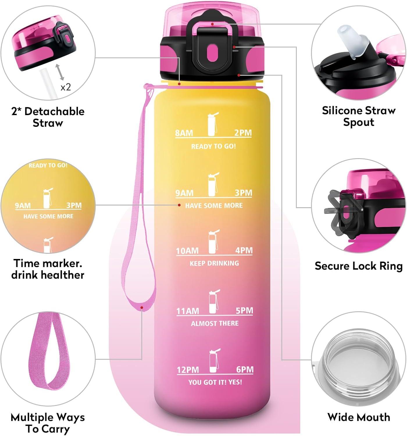 image:imageKollyKolla Gourde 500ml Bouteille deau Enfant Gourde Paille tanche ampamp Rutilisable Sport avec Marqueur de Temps Motivation pour Enfant Cyclisme Bureau Camping lcole32oz1000ml Paille Jaune Rose