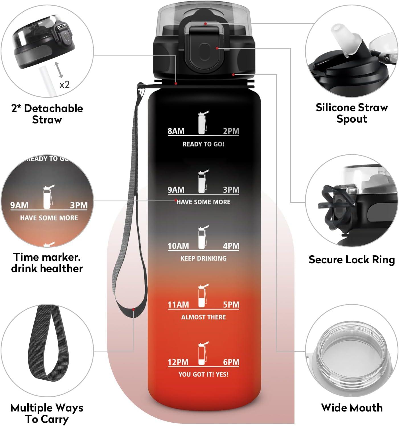 image:imageKollyKolla Gourde 500ml Bouteille deau Enfant Gourde Paille tanche ampamp Rutilisable Sport avec Marqueur de Temps Motivation pour Enfant Cyclisme Bureau Camping lcole32oz1000ml Paille Noir Rouge