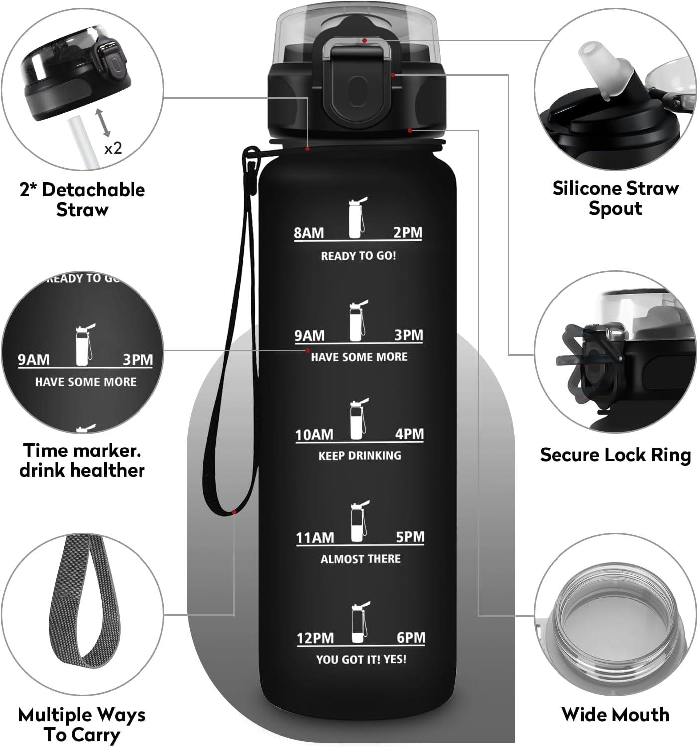 image:imageKollyKolla Gourde 500ml Bouteille deau Enfant Gourde Paille tanche ampamp Rutilisable Sport avec Marqueur de Temps Motivation pour Enfant Cyclisme Bureau Camping lcole32oz1000ml Paille Mat Noir