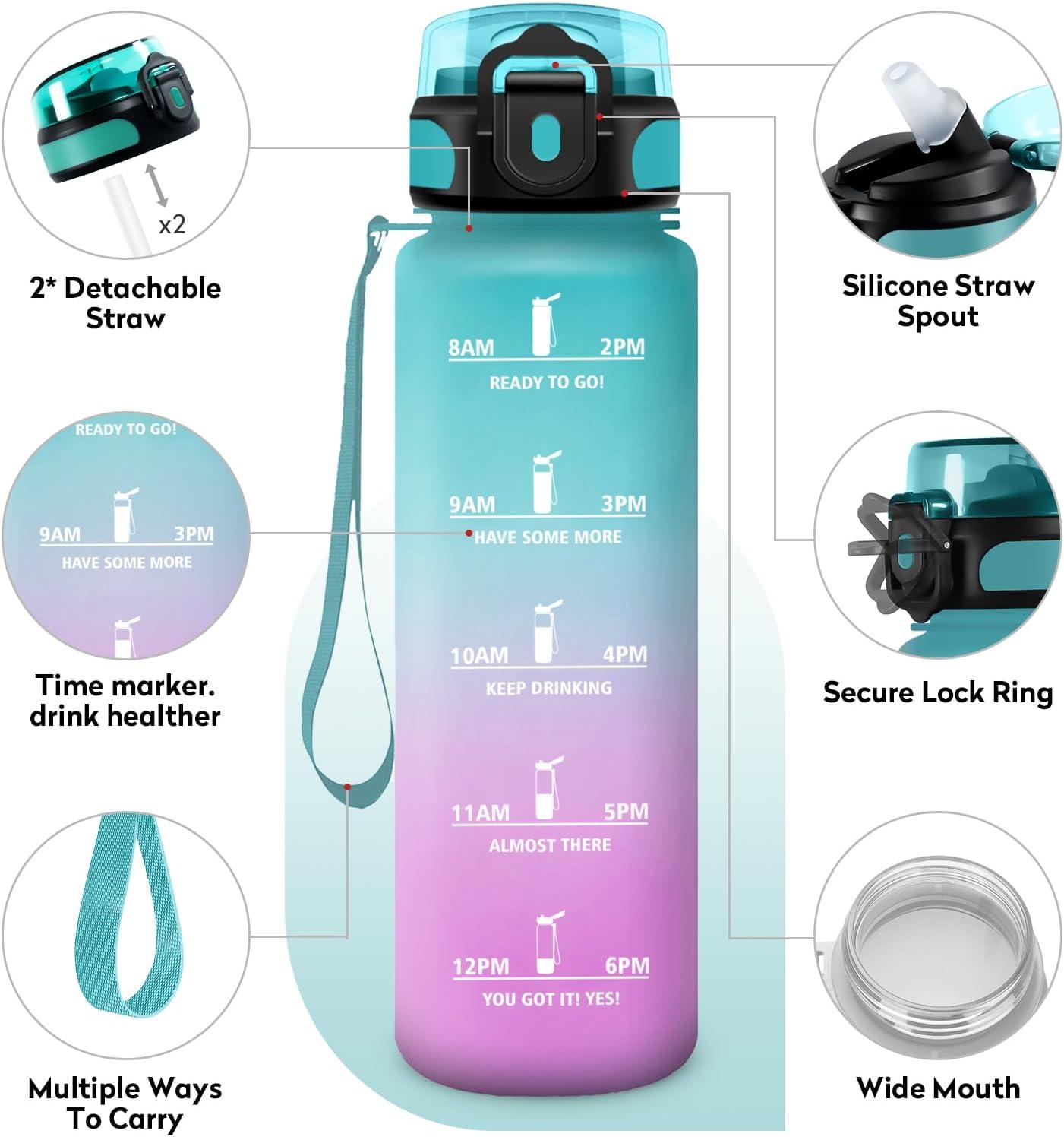 image:imageKollyKolla Gourde 500ml Bouteille deau Enfant Gourde Paille tanche ampamp Rutilisable Sport avec Marqueur de Temps Motivation pour Enfant Cyclisme Bureau Camping lcole32oz1000ml Paille Vert Rose Clair