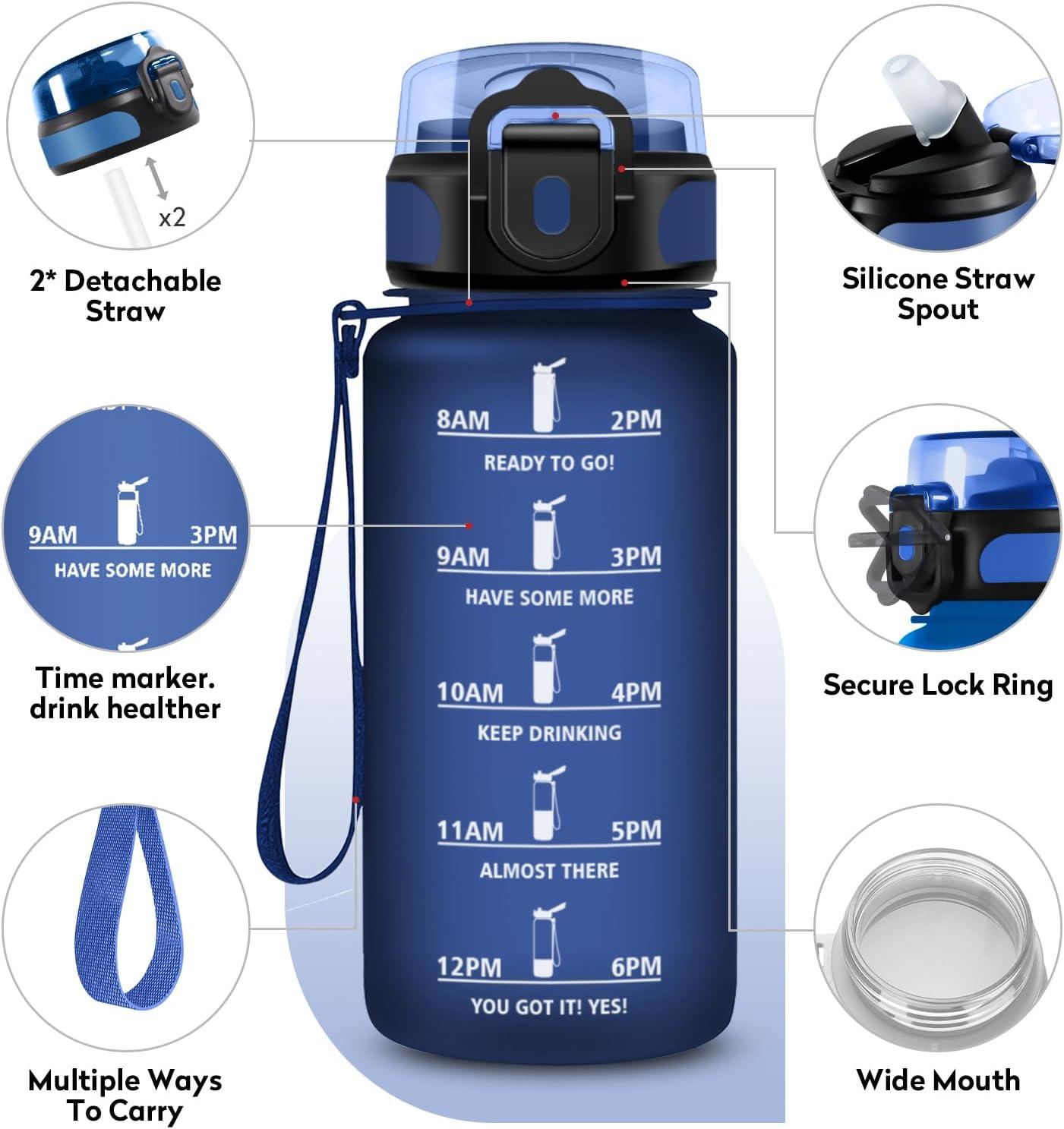 image:imageKollyKolla Gourde 500ml Bouteille deau Enfant Gourde Paille tanche ampamp Rutilisable Sport avec Marqueur de Temps Motivation pour Enfant Cyclisme Bureau Camping lcole17oz500ml Paille Mat Marine Bleu