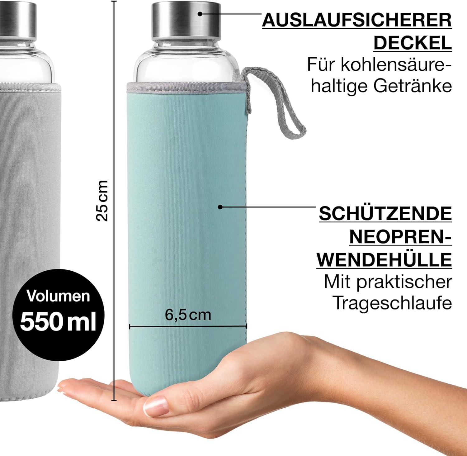 image:imageMoritz ampamp Moritz Gourde en verre 500 ml Convient pour les boissons gazeuses et antifuite Bouteille en verre pour le sport lcole luniversit ou le travail Avec housse de protection500 ml