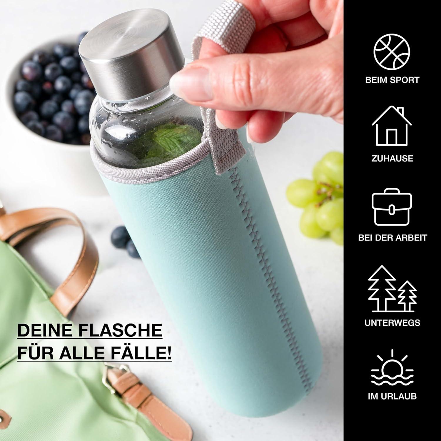 image:imageMoritz ampamp Moritz Gourde en verre 500 ml Convient pour les boissons gazeuses et antifuite Bouteille en verre pour le sport lcole luniversit ou le travail Avec housse de protection500 ml