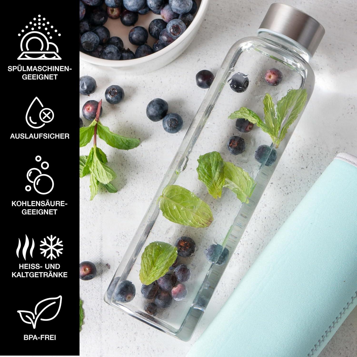 image:imageMoritz ampamp Moritz Gourde en verre 500 ml Convient pour les boissons gazeuses et antifuite Bouteille en verre pour le sport lcole luniversit ou le travail Avec housse de protection500 ml