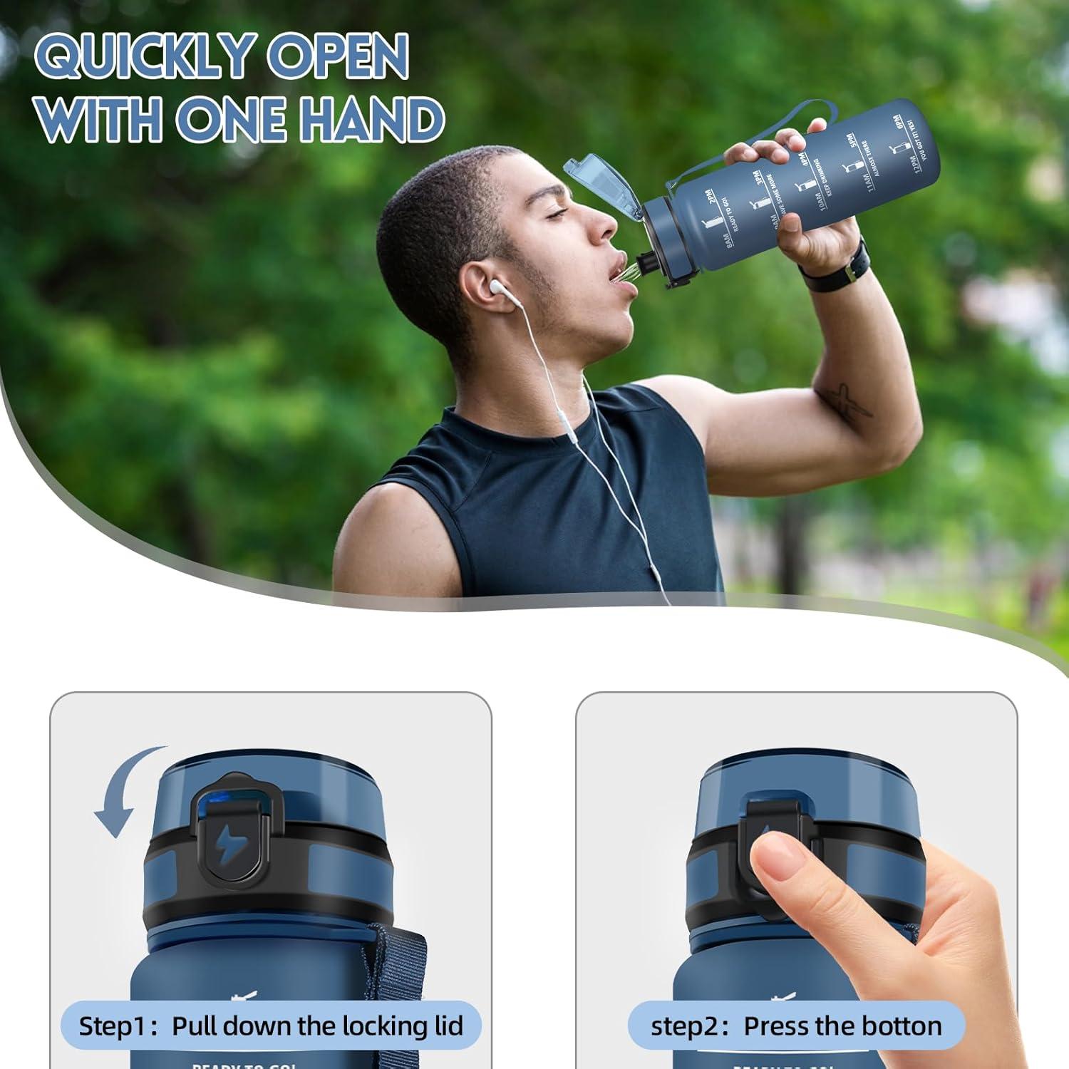 image:imageMotswedi Gourde 1l AntiFuite Gourde Sport avec Marqueur de Temps Bouteille deau Rutilisable Bouteille Sans BPA pour Sport Yoga Fitness Randonne Jaune RoseBleu Fonc
