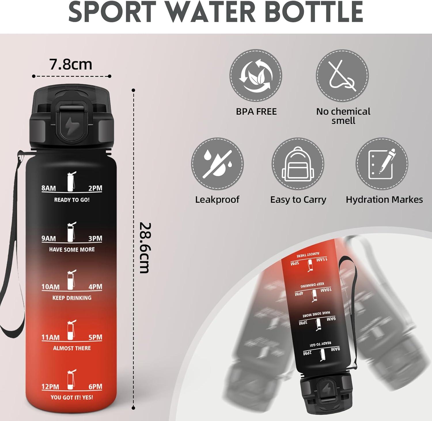image:imageMotswedi Gourde 1l AntiFuite Gourde Sport avec Marqueur de Temps Bouteille deau Rutilisable Bouteille Sans BPA pour Sport Yoga Fitness Randonne Jaune RoseNoir Rouge
