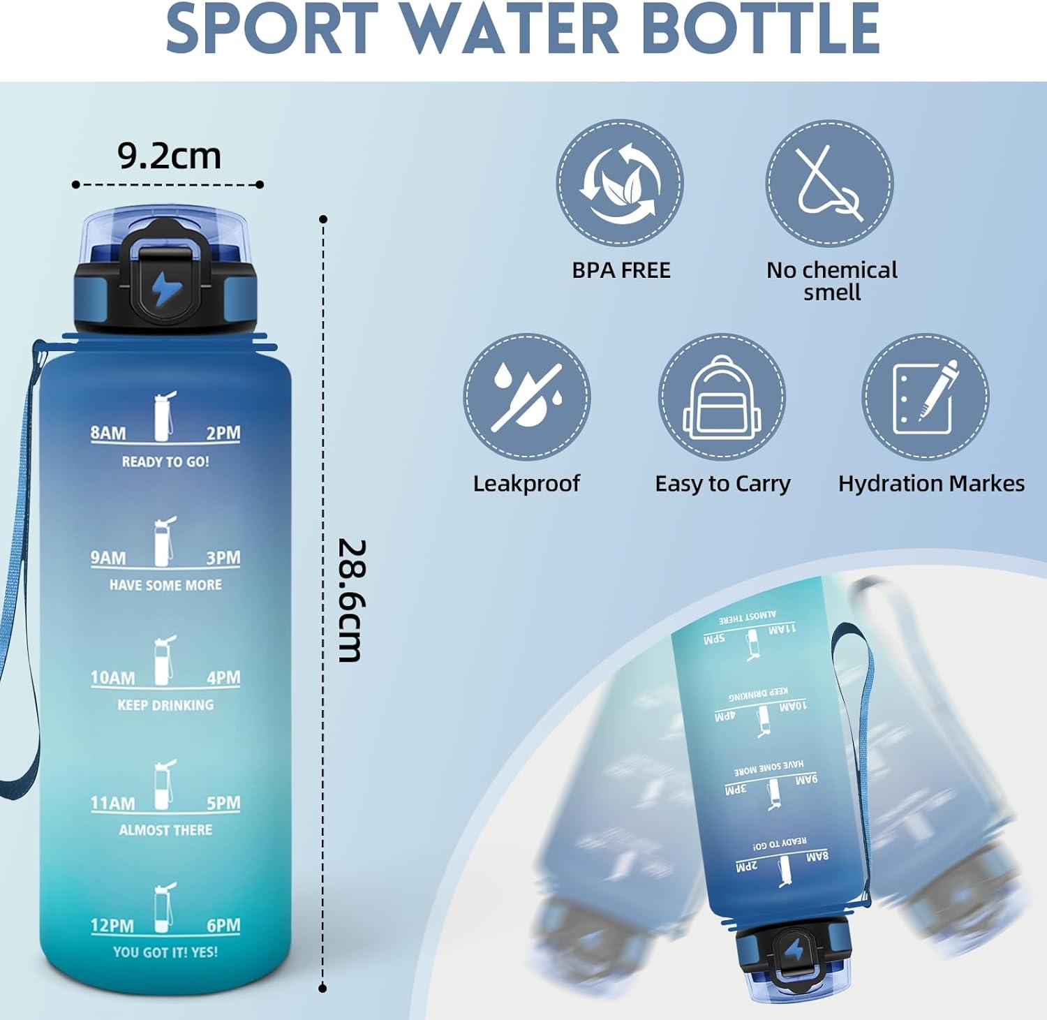 image:imageMotswedi Gourde 1l AntiFuite Gourde Sport avec Marqueur de Temps Bouteille deau Rutilisable Bouteille Sans BPA pour Sport Yoga Fitness Randonne Jaune RoseBleu Vert