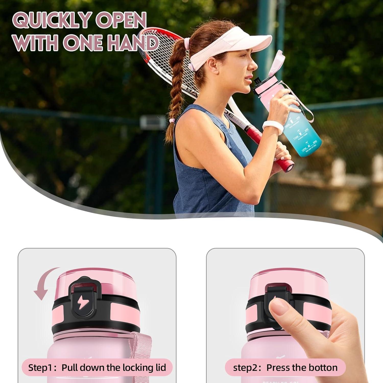 image:imageMotswedi Gourde 1l AntiFuite Gourde Sport avec Marqueur de Temps Bouteille deau Rutilisable Bouteille Sans BPA pour Sport Yoga Fitness Randonne Jaune RoseRosevert