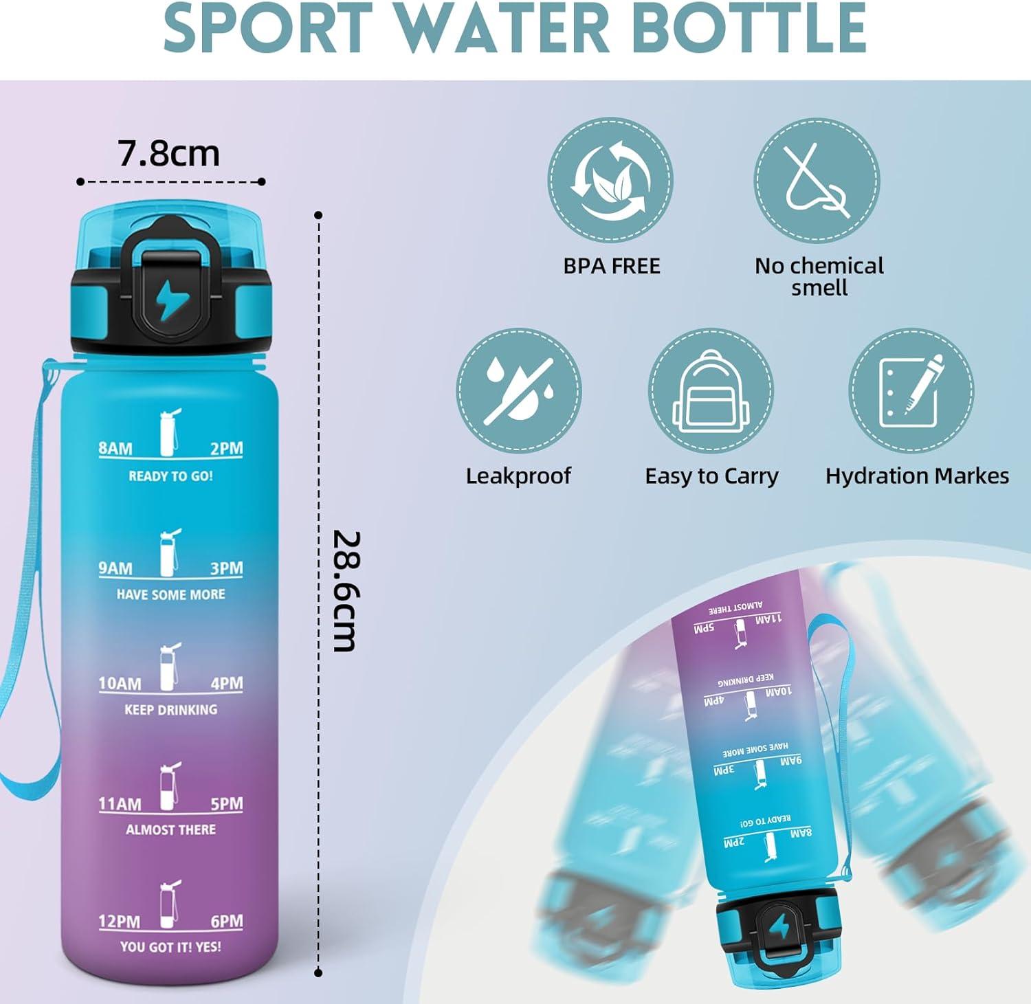 image:imageMotswedi Gourde 1l AntiFuite Gourde Sport avec Marqueur de Temps Bouteille deau Rutilisable Bouteille Sans BPA pour Sport Yoga Fitness Randonne Jaune RoseBleu Violet