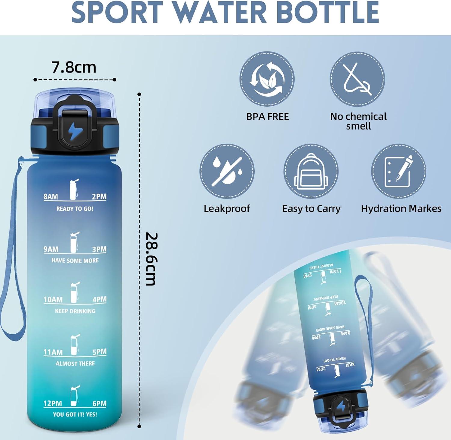image:imageMotswedi Gourde 1l AntiFuite Gourde Sport avec Marqueur de Temps Bouteille deau Rutilisable Bouteille Sans BPA pour Sport Yoga Fitness Randonne Jaune RoseBleu Vert