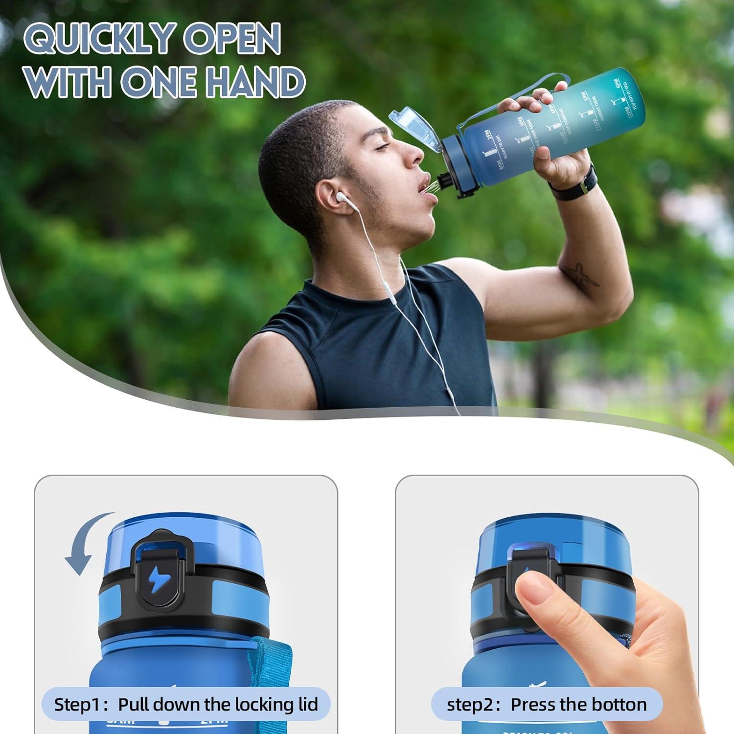 image:imageMotswedi Gourde 1l AntiFuite Gourde Sport avec Marqueur de Temps Bouteille deau Rutilisable Bouteille Sans BPA pour Sport Yoga Fitness Randonne Jaune RoseBleu Vert