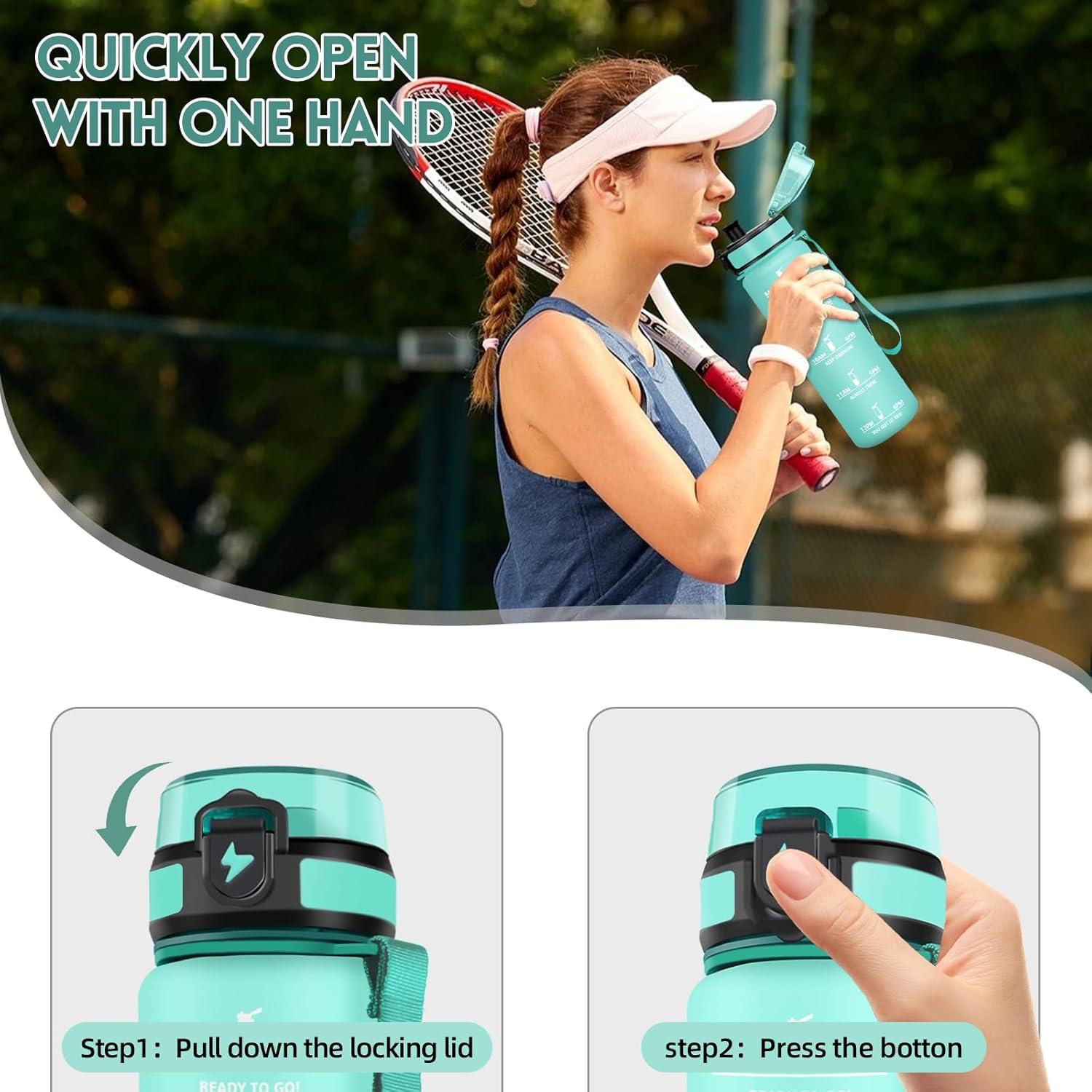 image:imageMotswedi Gourde 1l AntiFuite Gourde Sport avec Marqueur de Temps Bouteille deau Rutilisable Bouteille Sans BPA pour Sport Yoga Fitness Randonne Jaune RoseBleu Vert 325c