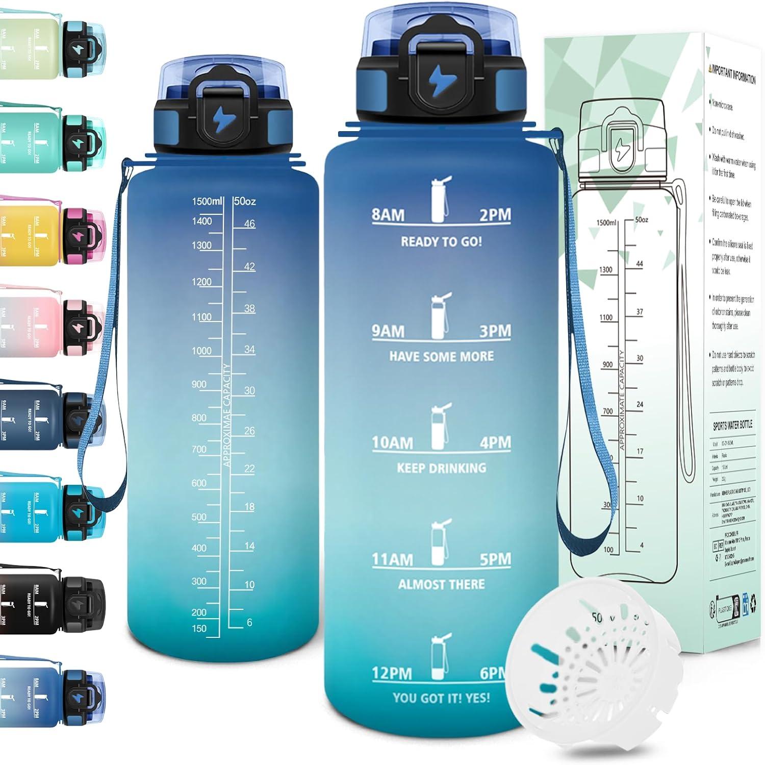 image:imageMotswedi Gourde 1l AntiFuite Gourde Sport avec Marqueur de Temps Bouteille deau Rutilisable Bouteille Sans BPA pour Sport Yoga Fitness Randonne Jaune RoseBleu Vert
