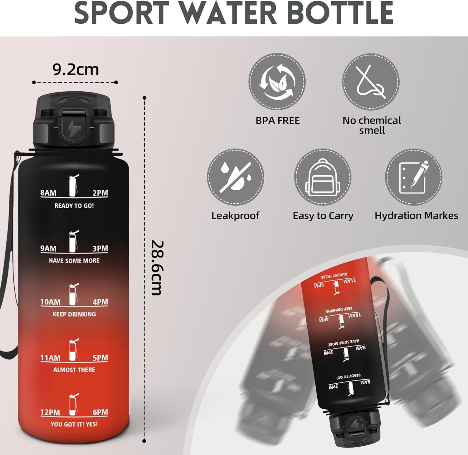 image:imageMotswedi Gourde 1l AntiFuite Gourde Sport avec Marqueur de Temps Bouteille deau Rutilisable Bouteille Sans BPA pour Sport Yoga Fitness Randonne Jaune RoseNoir Rouge