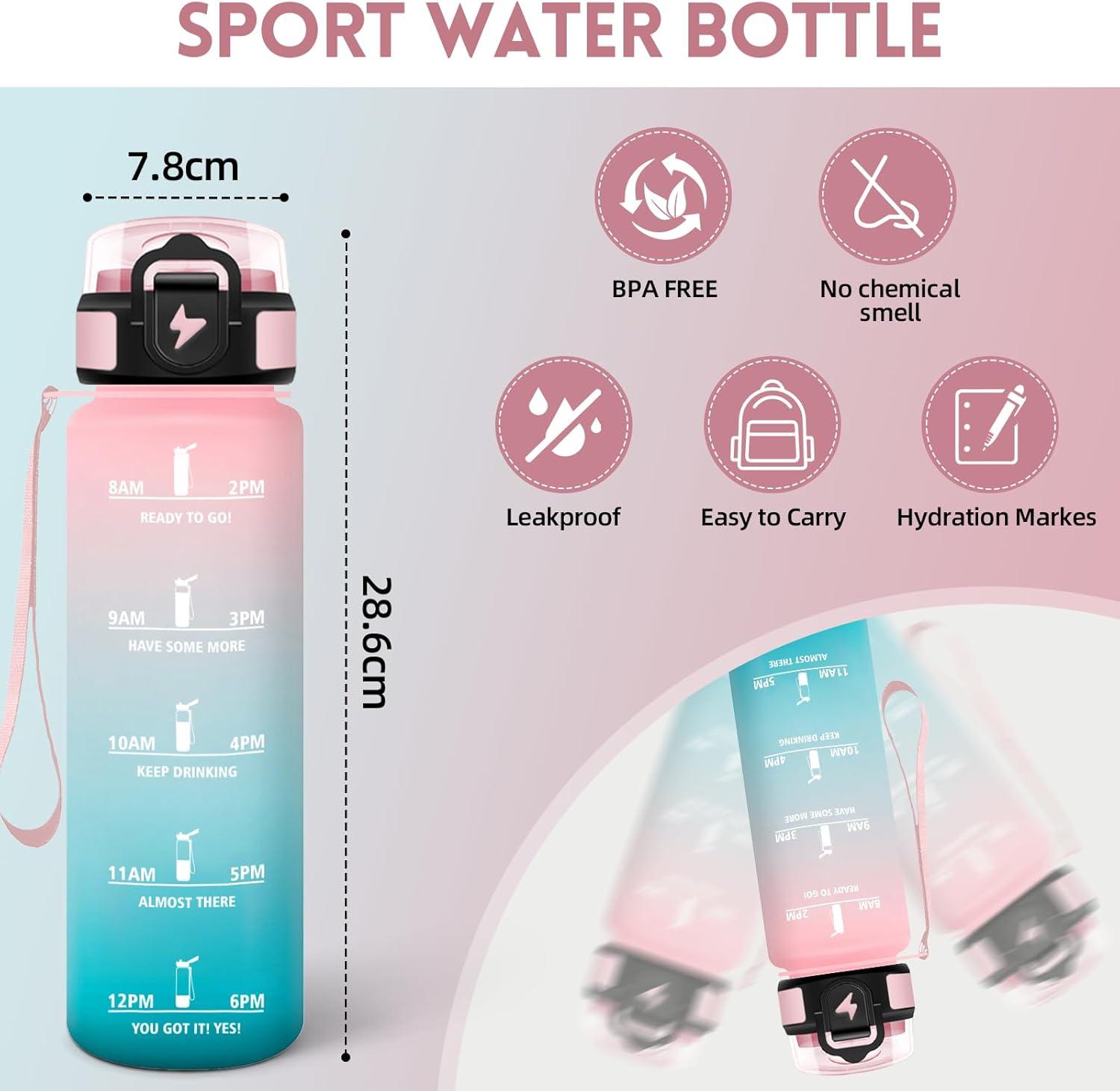 image:imageMotswedi Gourde 1l AntiFuite Gourde Sport avec Marqueur de Temps Bouteille deau Rutilisable Bouteille Sans BPA pour Sport Yoga Fitness Randonne Jaune RoseRosevert
