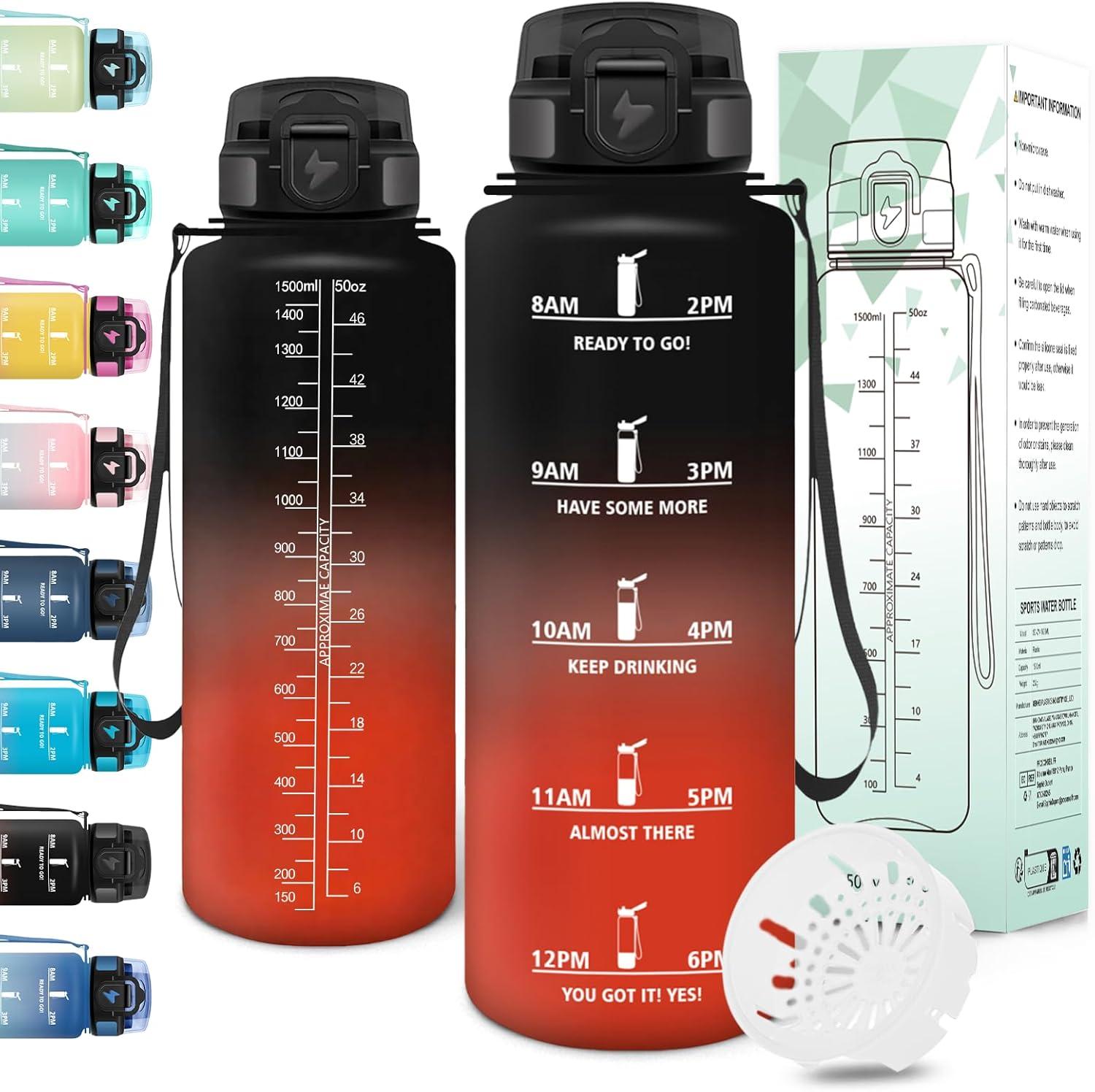 image:imageMotswedi Gourde 1l AntiFuite Gourde Sport avec Marqueur de Temps Bouteille deau Rutilisable Bouteille Sans BPA pour Sport Yoga Fitness Randonne Jaune RoseNoir Rouge