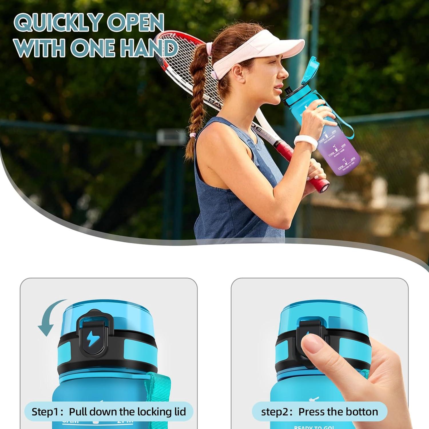 image:imageMotswedi Gourde 1l AntiFuite Gourde Sport avec Marqueur de Temps Bouteille deau Rutilisable Bouteille Sans BPA pour Sport Yoga Fitness Randonne Jaune RoseBleu Violet