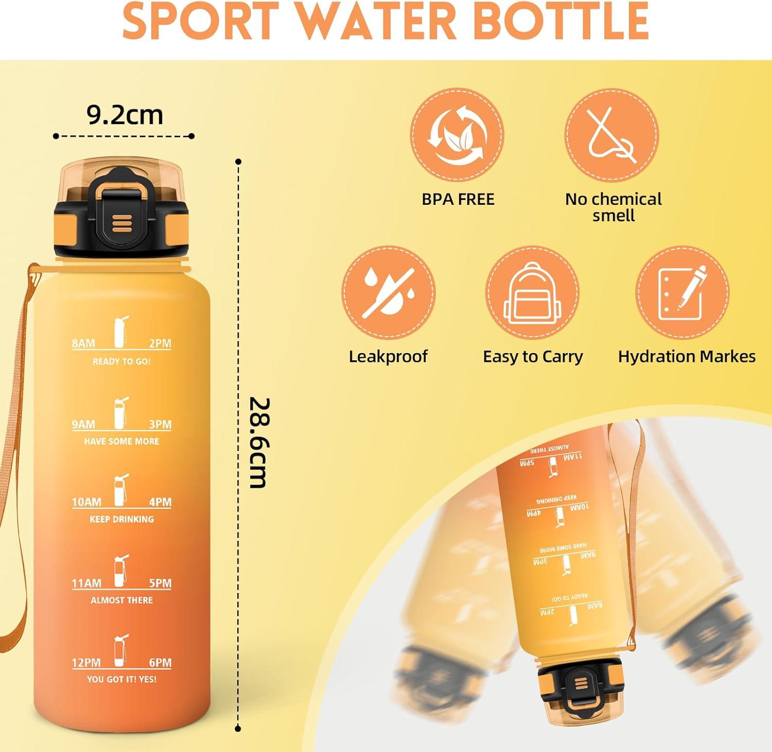 image:imageMotswedi Gourde 1l Rutilisable Gourde Sport AntiFuite Bouteille deau avec Marqueur de Temps Bouteille Sans BPA pour Fitness Sport Yoga Randonne AmbreampampOrangeAmbreorange1500ml