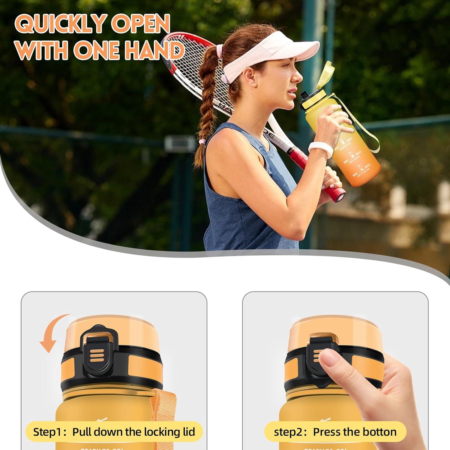 image:imageMotswedi Gourde 1l Rutilisable Gourde Sport AntiFuite Bouteille deau avec Marqueur de Temps Bouteille Sans BPA pour Fitness Sport Yoga Randonne AmbreampampOrangeAmbreorange1500ml