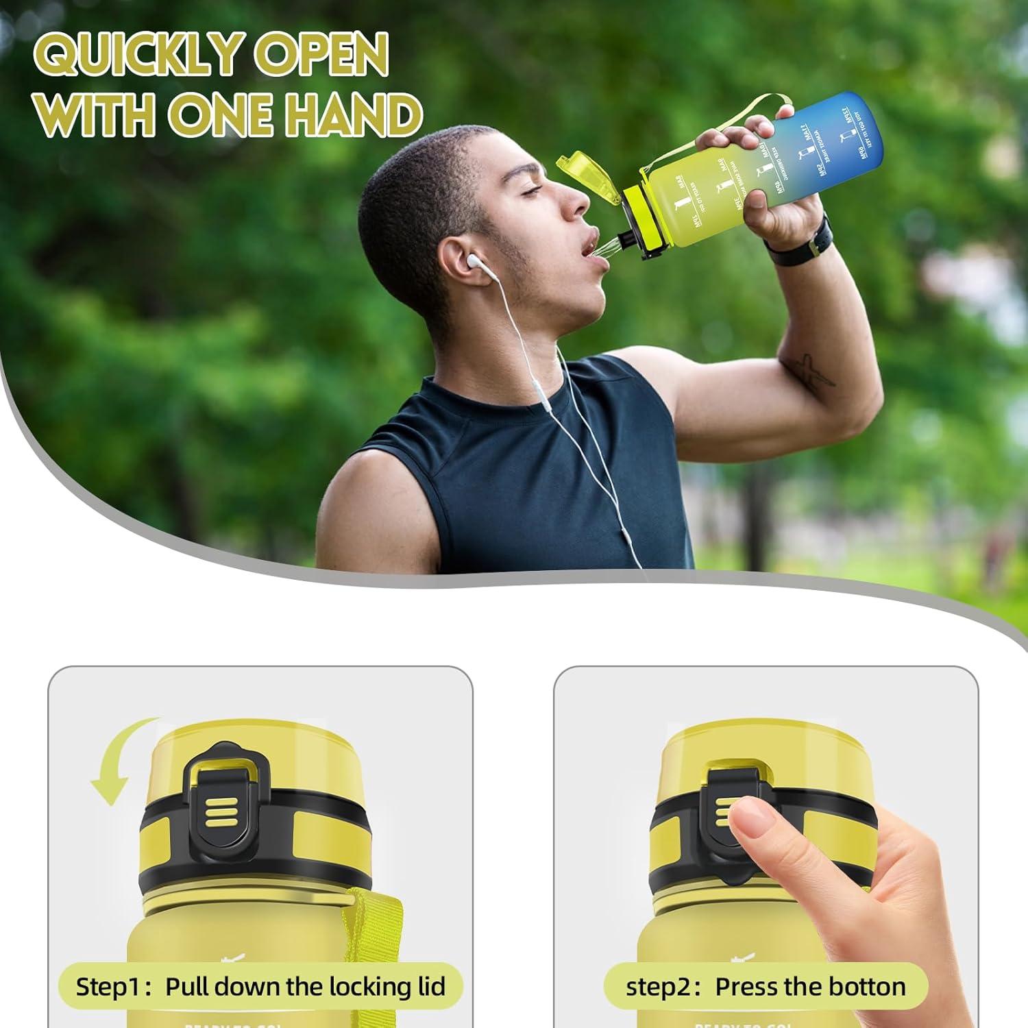 image:imageMotswedi Gourde 1l Rutilisable Gourde Sport AntiFuite Bouteille deau avec Marqueur de Temps Bouteille Sans BPA pour Fitness Sport Yoga Randonne AmbreampampOrangeJaunebleu1000ml