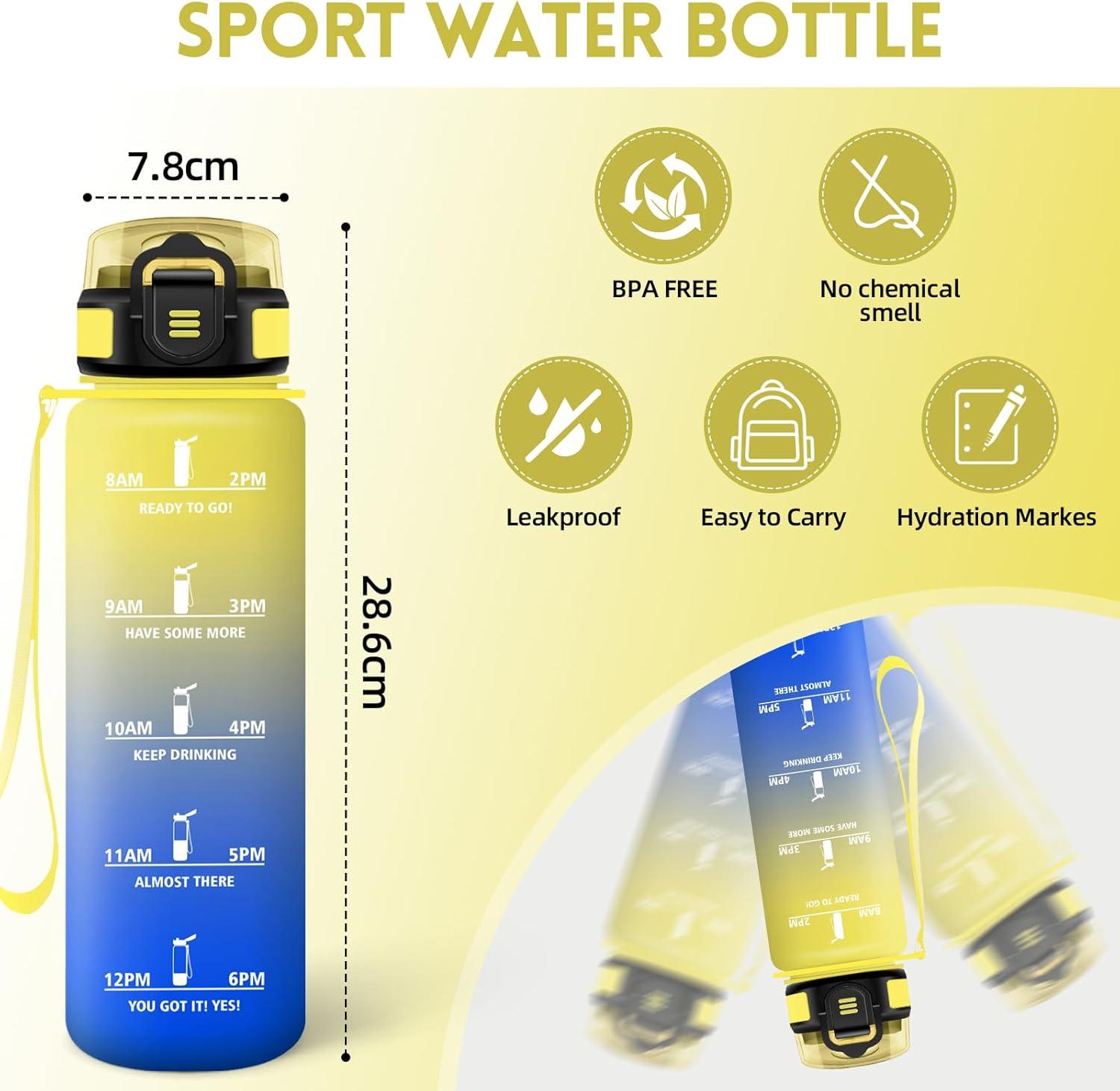 image:imageMotswedi Gourde 1l Rutilisable Gourde Sport AntiFuite Bouteille deau avec Marqueur de Temps Bouteille Sans BPA pour Fitness Sport Yoga Randonne AmbreampampOrangeJaunebleu1000ml