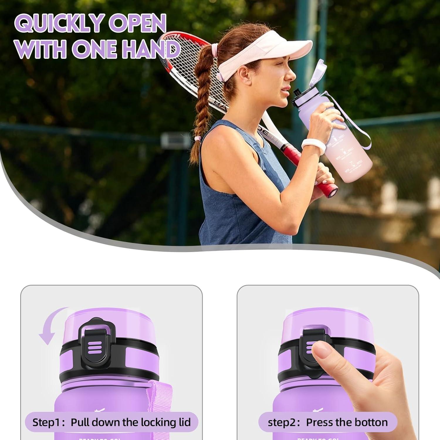 image:imageMotswedi Gourde 1l Rutilisable Gourde Sport AntiFuite Bouteille deau avec Marqueur de Temps Bouteille Sans BPA pour Fitness Sport Yoga Randonne AmbreampampOrangeViolet Clairrose1500ml