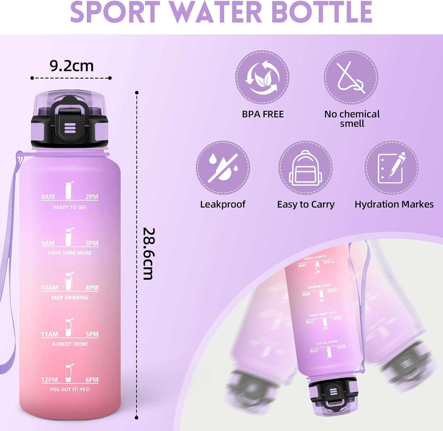 image:imageMotswedi Gourde 1l Rutilisable Gourde Sport AntiFuite Bouteille deau avec Marqueur de Temps Bouteille Sans BPA pour Fitness Sport Yoga Randonne AmbreampampOrangeViolet Clairrose1500ml