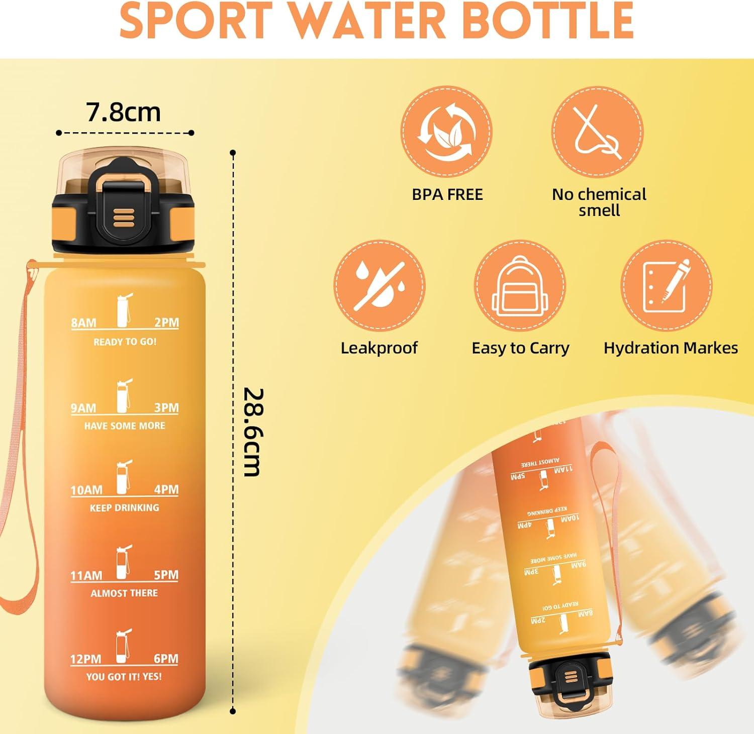 image:imageMotswedi Gourde 1l Rutilisable Gourde Sport AntiFuite Bouteille deau avec Marqueur de Temps Bouteille Sans BPA pour Fitness Sport Yoga Randonne AmbreampampOrangeAmbreorange1000ml